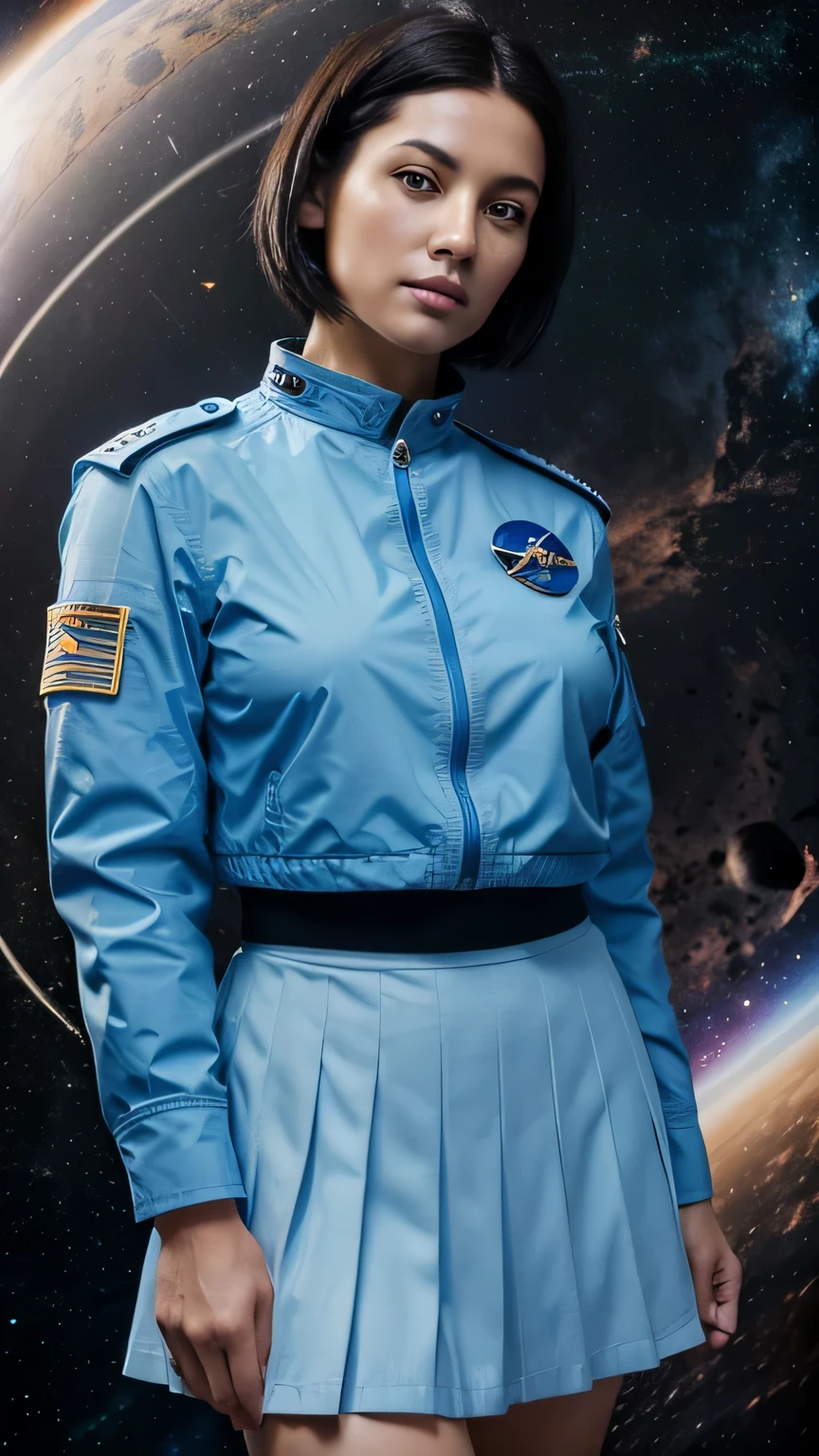 (highest resolution, clear_image), highest quality, masterpiece, very detailed, semi-realistic, woman with shoulder-length black hair, black eye, mature, mature woman, emperor&#39;Sister of, sexy, short hair, triple bang, light blue uniform, light blue uniform jacket, soldier, light blue pleated skirt, uniform, front line of fighter jets, future, SF, (((space background))), 