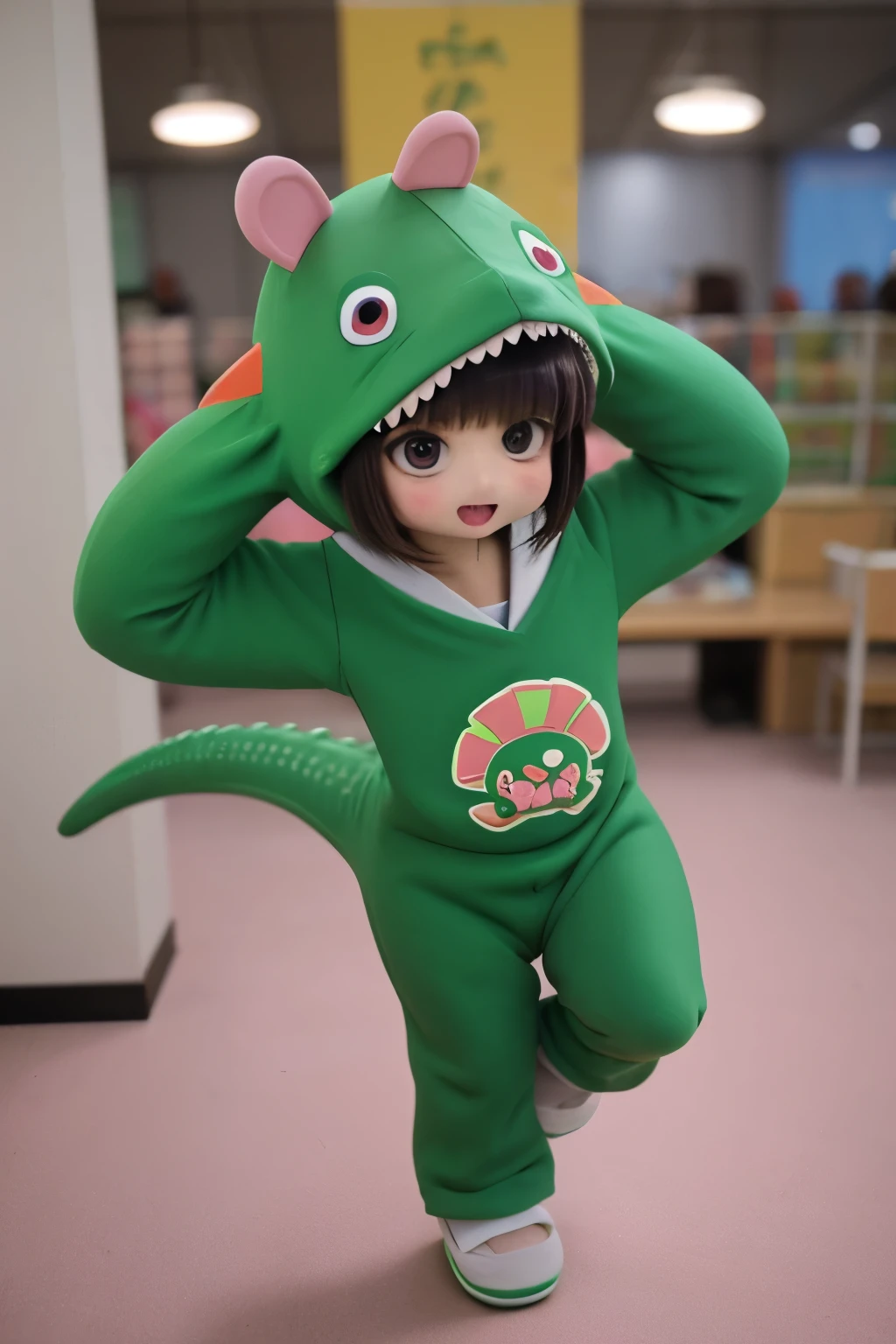 anime、A cute poses wearing a deformed dinosaur costume、Mai Yoneyama's style