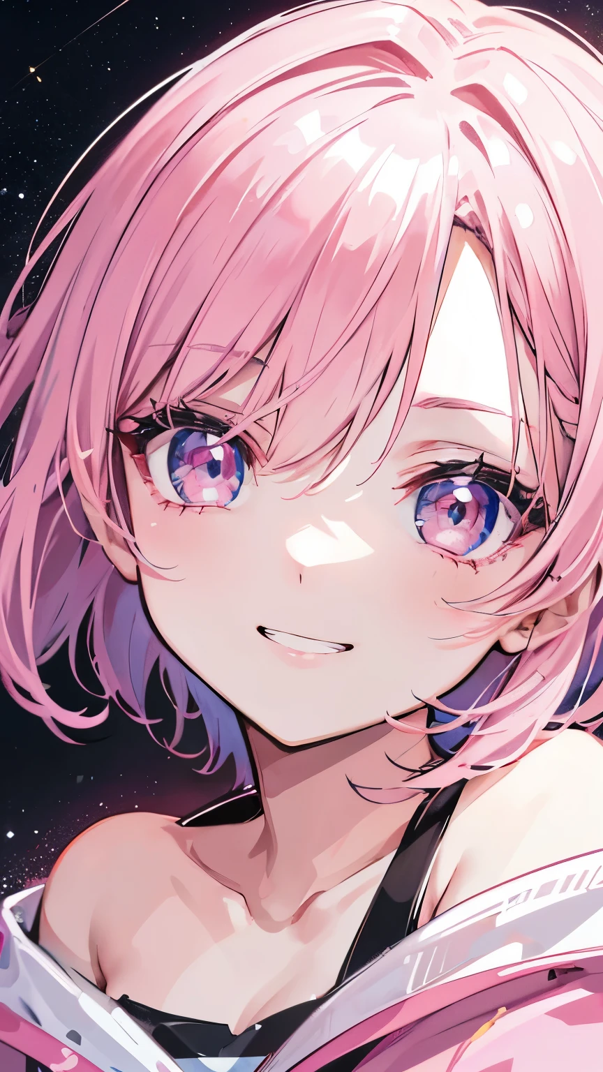 extreme close up face, Short off-shoulder hair in pink and white,Dignified and wonderful Girl, in galaxy, grin