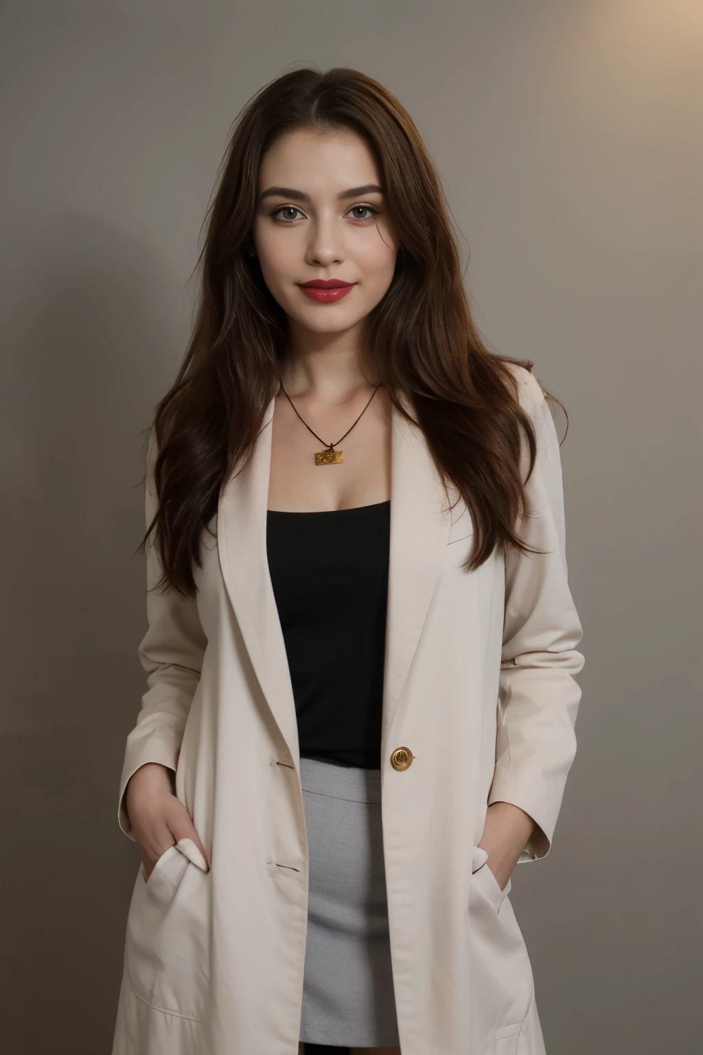 ((melhor qualidade)), ((obra de arte)), (detalhado), rosto perfeito,render,perfect makeup,egyptian eye liner,vivid red lipstick,red dust on cheeks,gold powder above eyes,shiny hair,perfect hair,red hair,big smile,extremely happy,necklace,consultory,doctor clothes,female suit,white coat,stetoscope,light gray background,professional profile