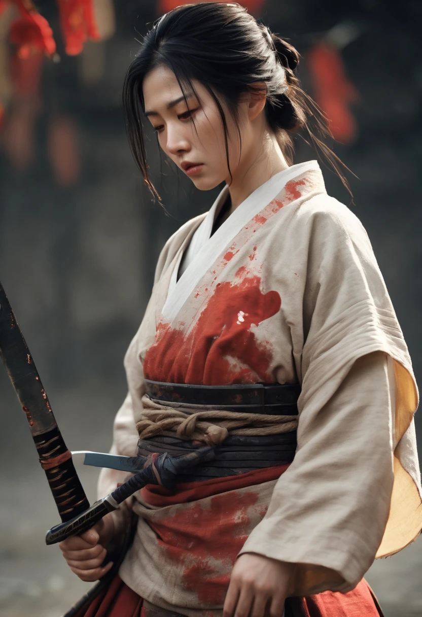 a  heart-touching scene when a beautiful samurai girl warrior, with broken armor and torn clothes, full of scar and blood, sad seeing her comrade death at war