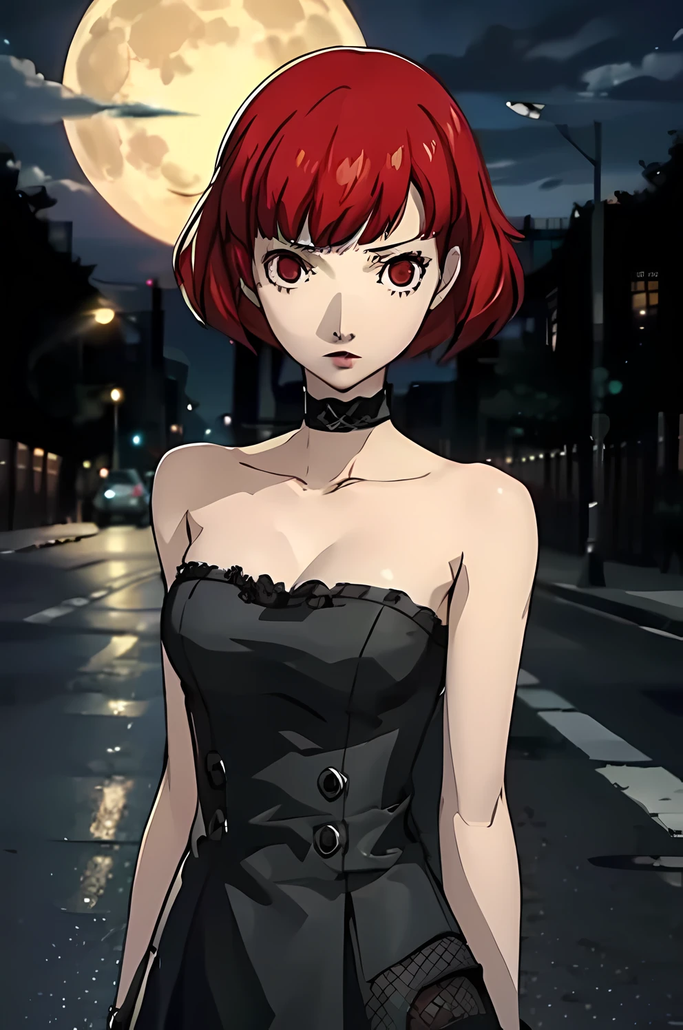 Masterpiece, anime art style, in the style of soejima shigenori, In the art style of Persona. Portrait. High quality, best quality, 4k. Portrait of a girl, she is very sickly, thin and frail, the girl looks like she is very sick. a girl with wavy layered short bright red hair and red eyes. The hair covers one of her eyes. Her skin is very pale, very thick maroon eyelashes. The girl is standing alone in an empty street late at night. The sky is dark green with a full moon. Persona 3. Wearing a frilly strapless black dress with a veil over her face, in a mourning dress. 1girl, nobody else, wearing a black fishnet choker. Goth, emo attire, very dark.
