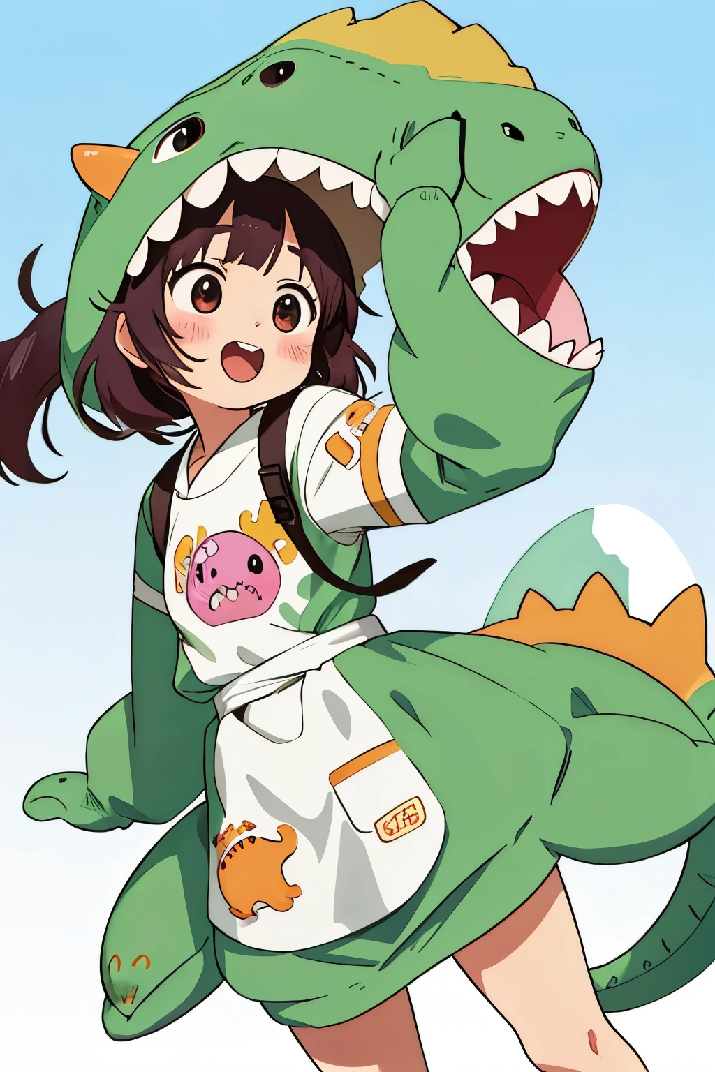 anime、A cute  poses wearing a deformed dinosaur costume、Mai Yoneyama&#39;s style