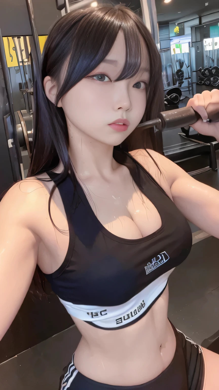 1 japanese woman, wolfcut black hair, perfect face, double eyelids, slender body, abs seen, photorealistic, good lighting, random colour thight gym tank top, big tits, slim, lifting dumbell, gym rack in the background, wet, sweating, drench