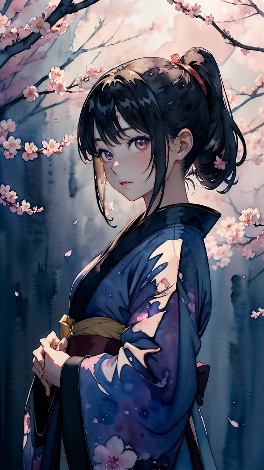 (((dark watercolor background:1.3)))、one girl、16talent、anatomy、small face、small、small鼻、Pale pink eyes、Loosely braided low ponytail、brown hair、small breasts、Beautiful kimono、Yamato Nadeshiko、Shinsengumi's Happy、dharma quilt、random pose、(((Night Time 1:1.1)))、full moon、Cherry blossoms at night、Yoshino cherry tree、beautiful cherry blossoms、highest quality、High resolution、High resolution、cinematic lighting、professional photographer