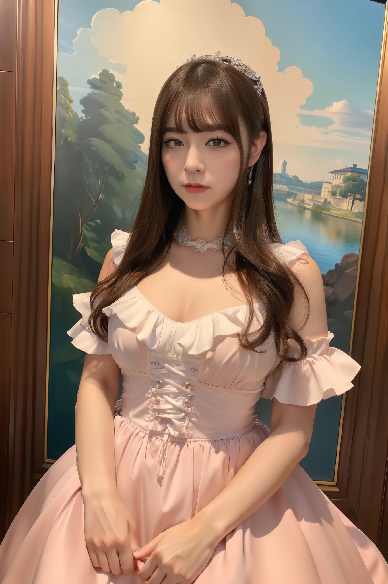 Arapefi, （see-through princess dress，1.5）， Look up at the camera， wearing high heels，Place your hands on your chest，Wear a crown，choker necklace，ssmile，next to a window, In the castle, Sense of transparency，Expose cleavage，Turn around and look at the camera，tmasterpiece，Flawless，Sense of transparency，Empty inspiration，More details and decoration，Exposing thighs，8K，（Wear decorations such as rings，1.9），White-colored skin，Ornate ornament，White waist stockings，one-girl，(Dissection is correct，PremiumQuality, high detal, Masterpiece）