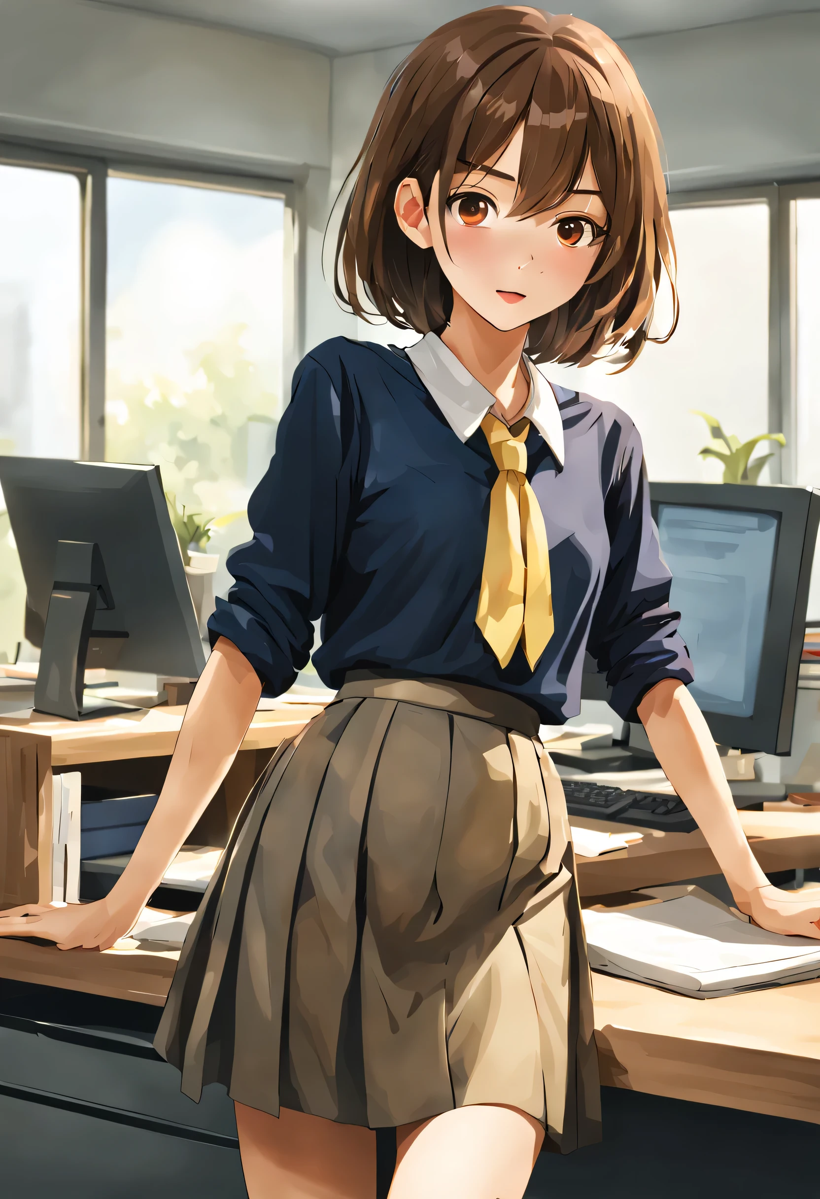 woman working at desk, girl,shortcut、medium long skirt、 美しいアニメのgirl, loose clothing, perfect expression, young slender