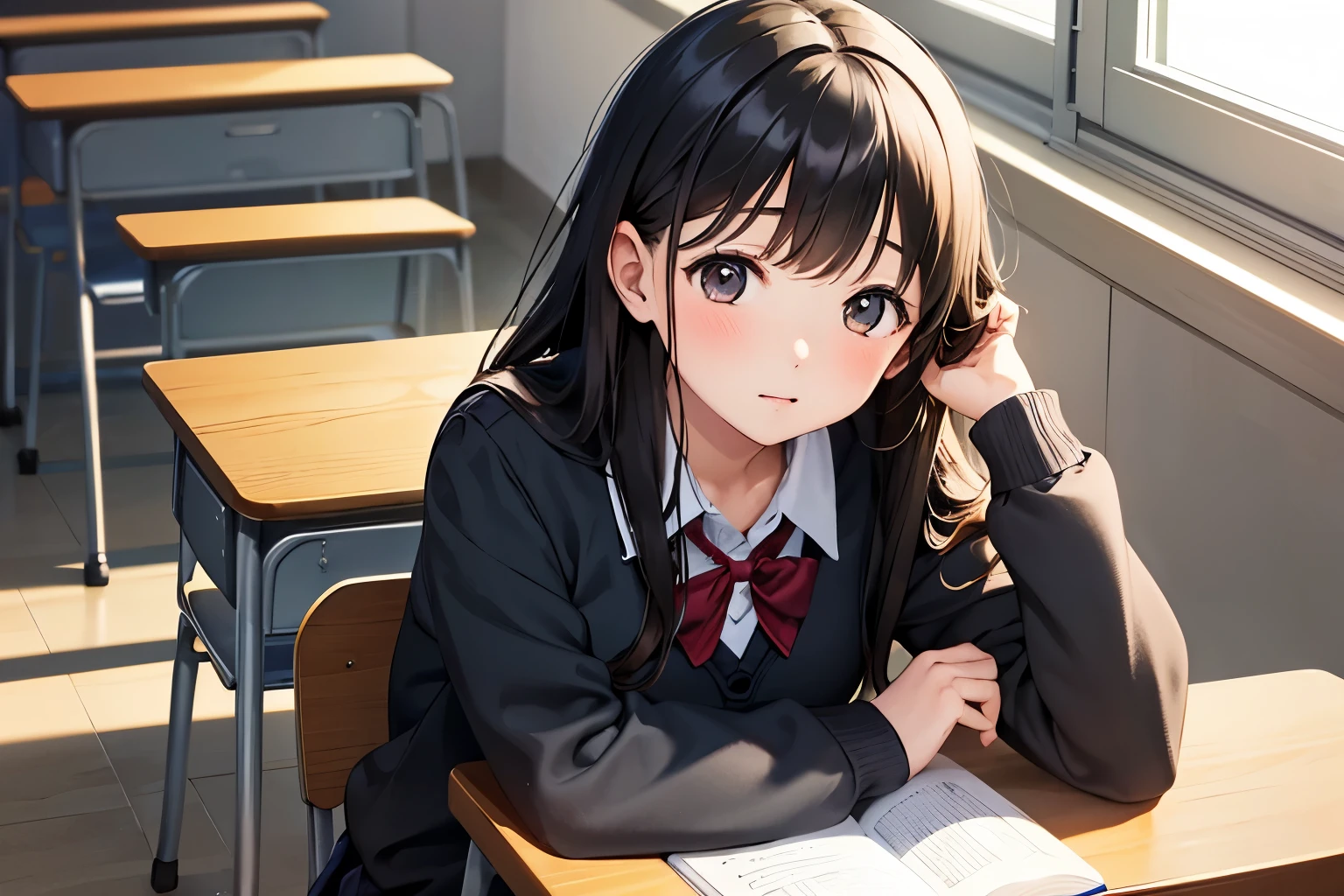 1 girl,black hair, school uniform, indoor, classroom, During class、Barely、summer clothes、background painting、ghibli style、room、staring at the notebook、Girl sitting on chair and studying at desk、beautiful girl、high school girl