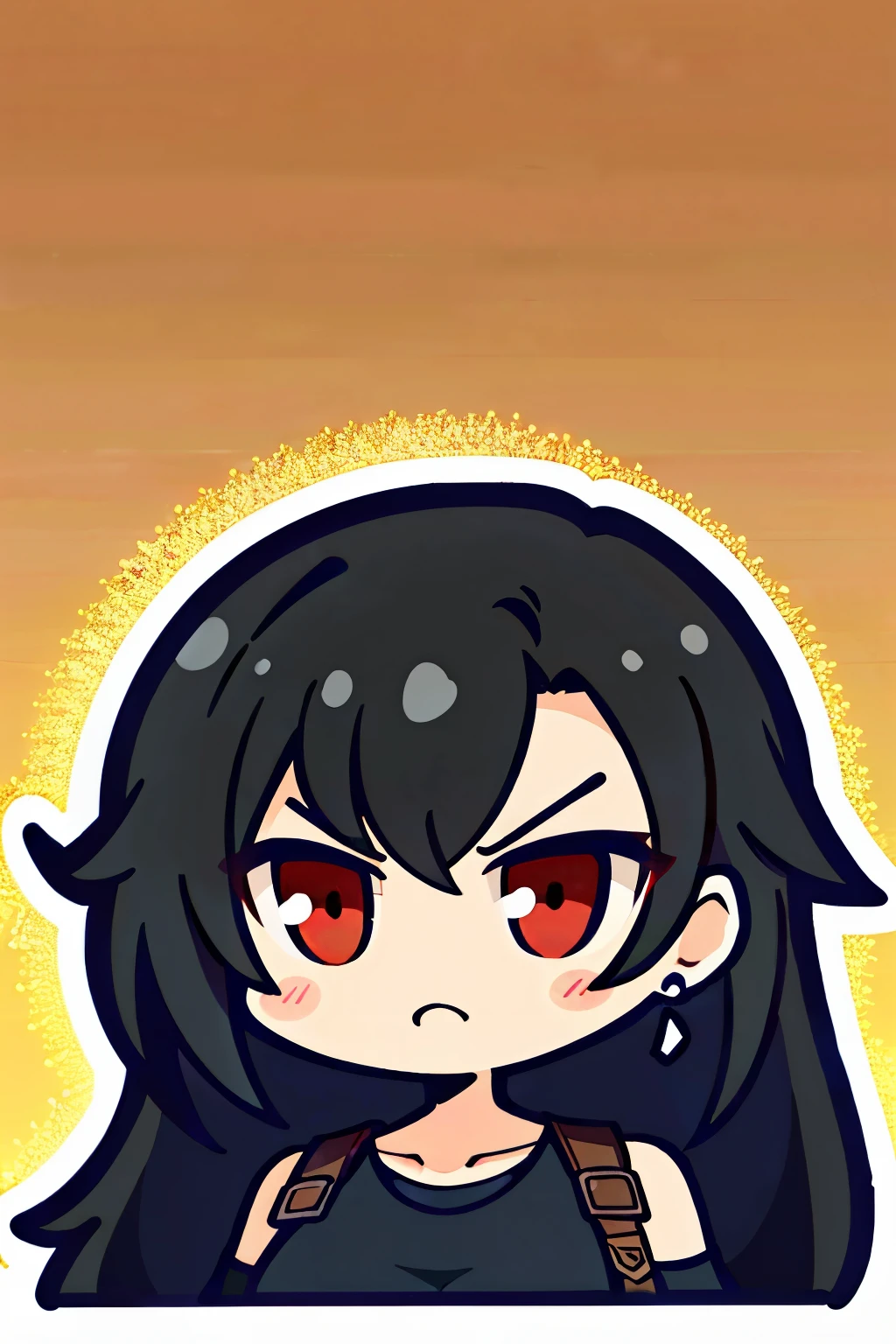 ((ultra detailed, masterpiece, absurdres)), FF7Tifa, 1girl, solo, long hair, black hair, red eyes, portrait, emote, cute, chibi, very cute, sticker, 2d, drawing, original, stunning, angry, cute expression, hanger, 