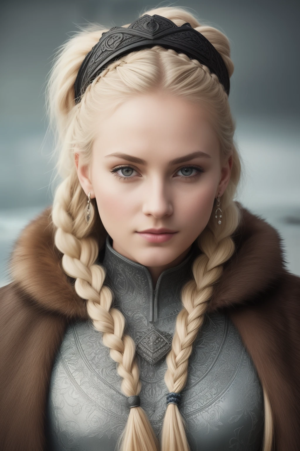 A fiercely proud Nordic girl stands before an enchanted backdrop, her presence exuding unwavering strength and serene grace. Her cascading blonde braids, adorned with delicate beads and intricate braiding patterns, frame a face marked by determination and resilience. Her piercing blue eyes, filled with the depth and wisdom of her homeland's icy landscapes, radiate a quiet confidence that captivates the viewer.
The intricate details of her Viking armor and fur-lined cloak shimmer in the ethereal glow of the whispering silent lighting, showcasing the craftsmanship and her warrior spirit. The rule of third