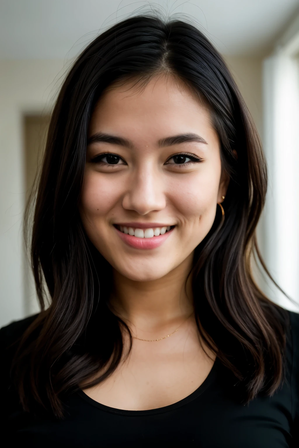 RAW photo, face portrait photo of beautiful 26 y.o woman, cute face, wearing black dress, happy face, hard shadows, cinematic shot, dramatic lighting
