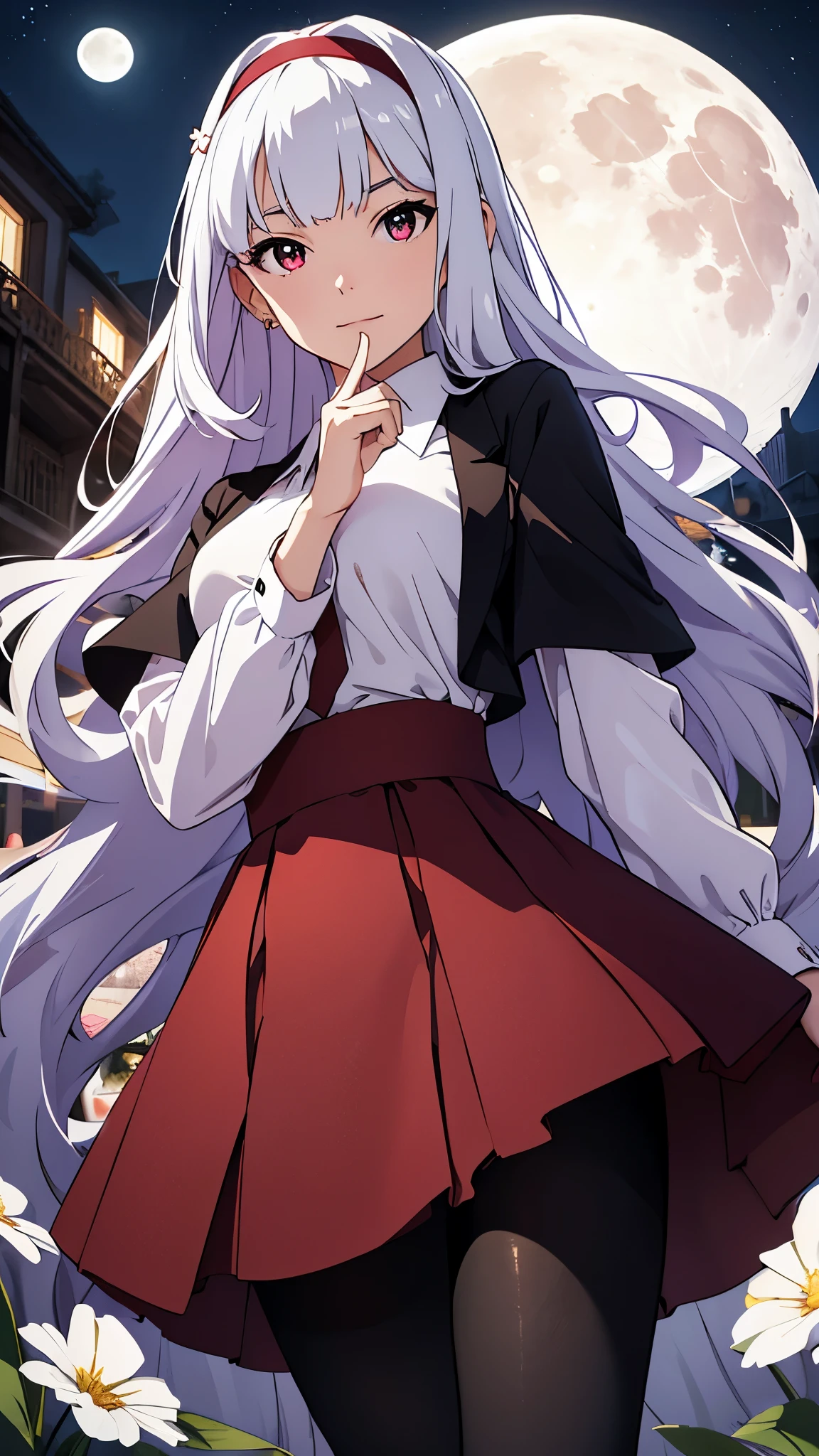 CG, unity, 8k, wallpaper, highest quality, masterpiece, lovely woman, 18-year-old, white hair, white skin, BREAK, white blouse, dark red skirt, (pantyhose:1.3), (Realistic:1.2), best lighting, complex pupils, complex textile, detailed background, (There is a moon at the back: 1.3), starry skies, night, In the flower garden