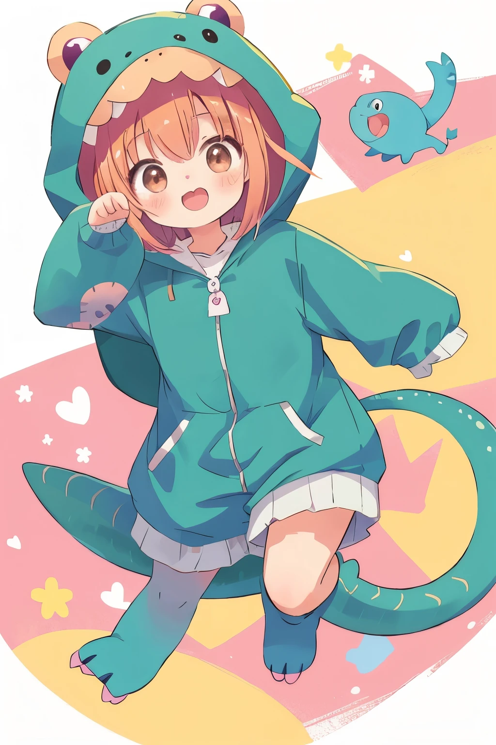 anime、A cute poses wearing a deformed dinosaur costume、Mai Yoneyama's style