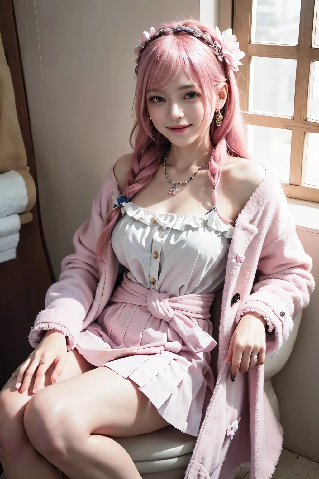 (8K, top-quality, masterpiece:1.2), (reallistic, Photorealsitic:1.37), Super Detail, One girl, (Highly detailed), (beautifully detailed eyes), (of the highest quality), (super detailed), (masterpiece), (Detailed face), 20yr old, 1 girl, ((pink hair,long hair)), medium breasts, clothed, Perfect Lighting, BREAK, (white and polka dot contrast:1.3), (soft and light material:1.4), (long coat with frills and lace:1.5), (camisole with ribbon and beads:1.5), (blouse with button and pocket:1.5), (skirt with pleats and flare:1.5), A-line silhouette, (flower motif and fringe detail:1.4), (knit socks:1.3), (sandals with strap:1.3), (hair accessory and earrings and necklace and bracelet:1.4), (((wearing all clothes made of toilet paper :1.5))), BRAKE, (upper body to knee range:1.3), (pink long hair with braided part and flower pin:1.4), (smiling and looking at the camera:1.3), (holding up coat hem with left hand and putting right hand on waist:1.3), (simple white background:1.2), (soft and bright natural light:1.4)
