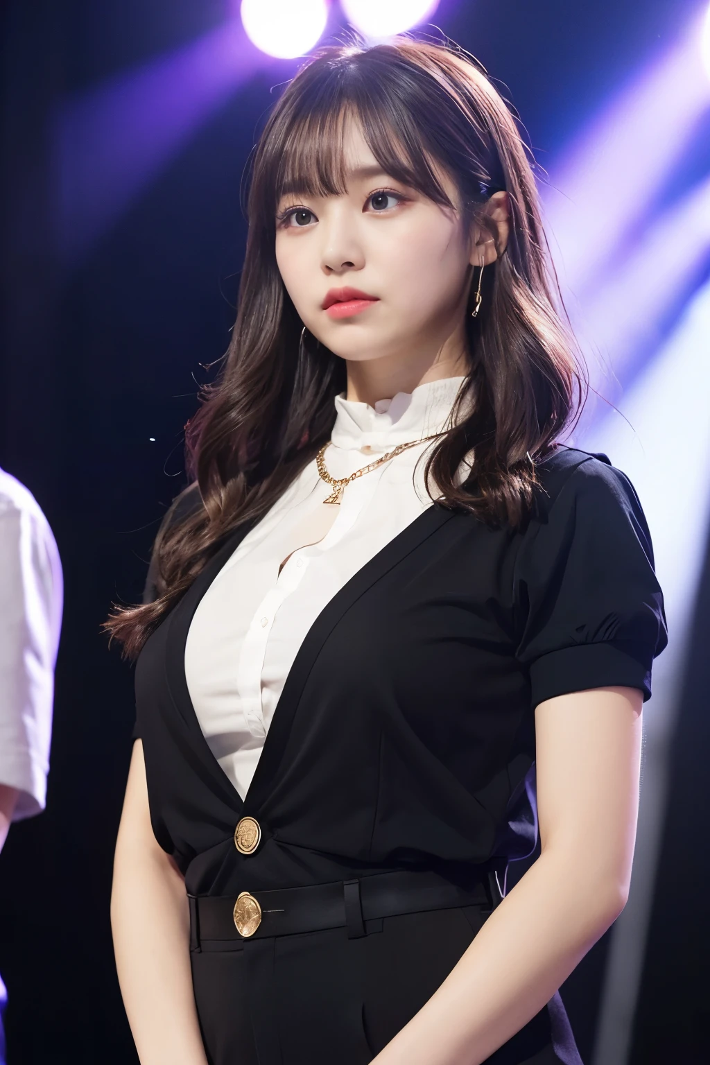 ​Masterpiece、flat color、depth of field、Lens Flare 1 Girl、、brown hair、looking at the audience　　　Black suspenders　　　plump big breasts　　　 　 腋下sweating　sweating　sides of hands　　wall: 　Black pants, black jacket chain　　　　　arms　gaze　　　small face　Eye-catching bangs　flank