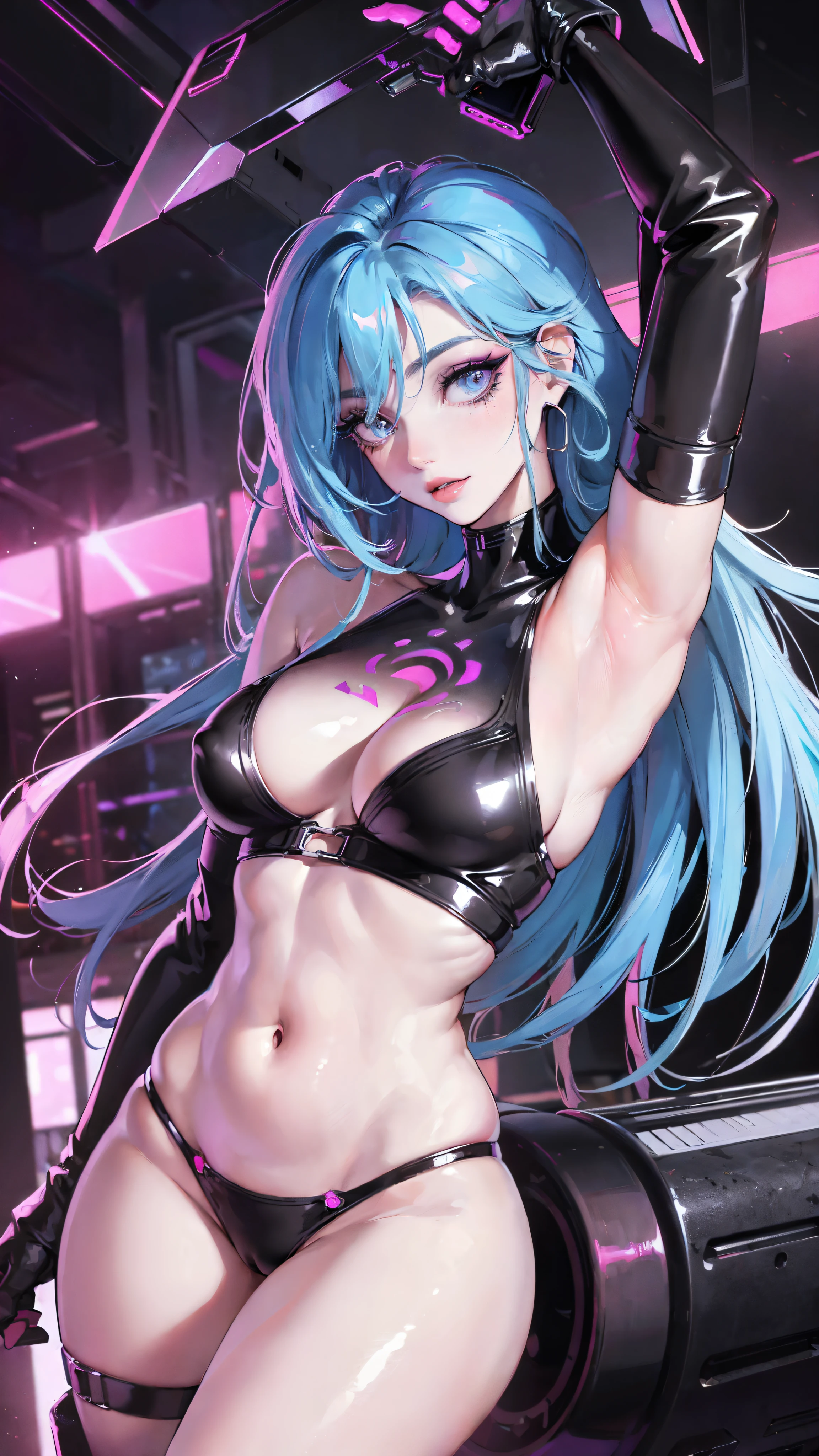 Jinx, Fleshy thighs, Instagram pose, Dynamic angle, Show armpits, Happy expression, (Entire body image:1.5), (8K, Best quality, A high resolution:1.35), (RAW photo:1.2), (Photorealistic:1.37), (Masterpiece: 1.25), Dramatic lighting, Photon maping, ((Fine detailed beautiful eyes: 1.2)), (Long eyelashes, Detailed eyelashes), Eye shadows, Glowing eyes, ((Natural makeup, Clear facial features)), ((Curvy build, Showing stomach)), (Bad girl, Erotic), ((Cyberpunk background, Night))