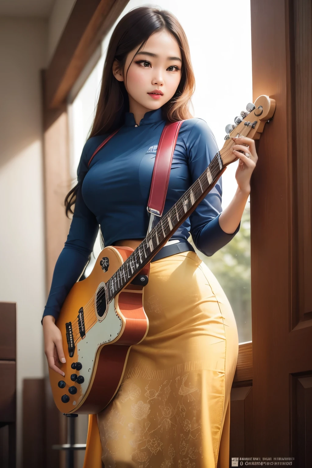 Beautiful anime watercolor painting of a girl, Burmese girl, playing (a red electric Guitar), stage background, trending on artstation, 8k, masterpiece, fine detail, full of color, intricate detail, golden ratio illustration, (acmm ls outfit, wearing acmm top, orange acmm top, long sleeves, wearing acmm long skirt, dark blue acmm long skirt, printed skirt)