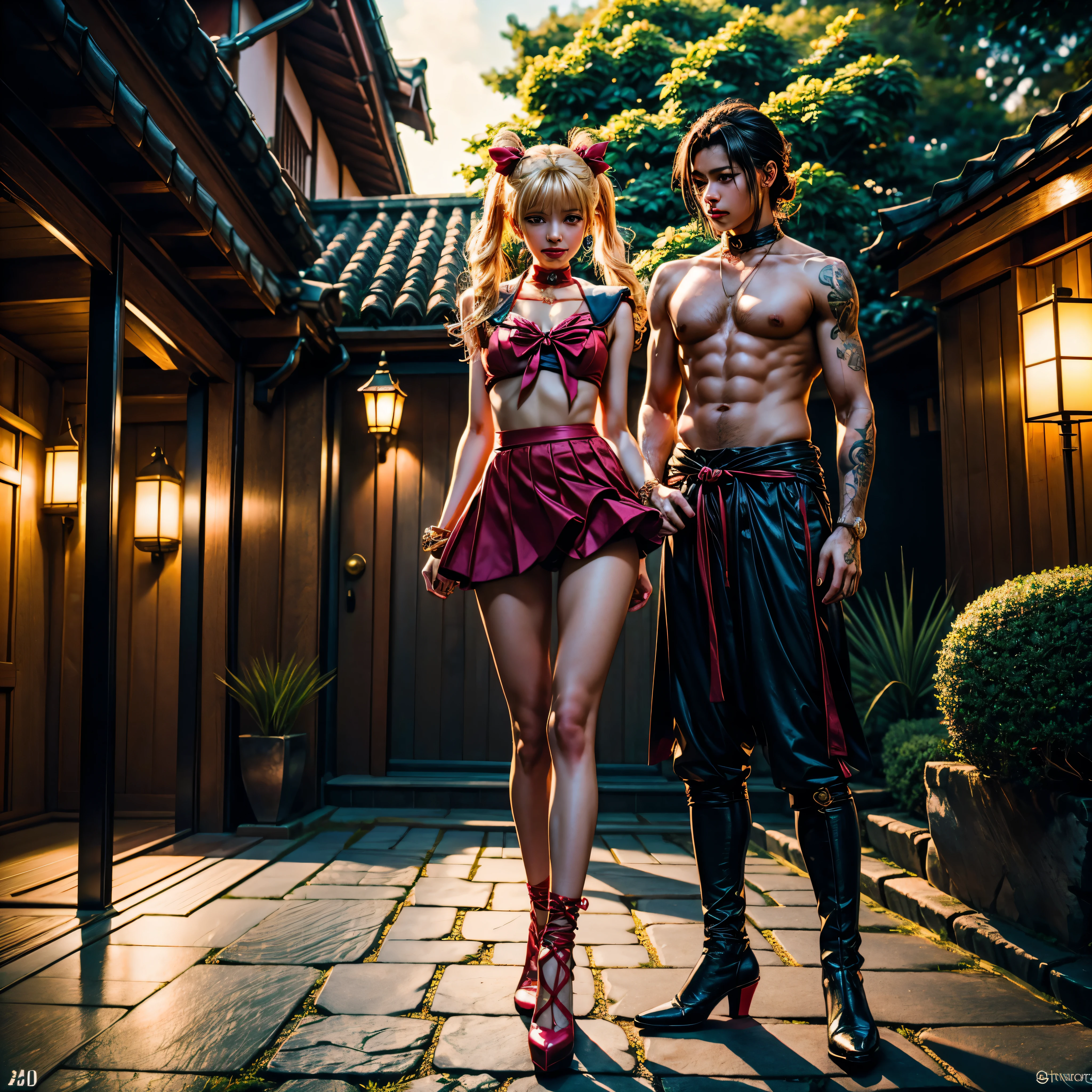 epic RAW photo, max best quality, epic masterpiece:1.2), (ultra highres:1.0), detailed illustration, detailed, (realistic, photo-realistic:1.37), detailed beautiful skin, sailor moon, (1 girl: 1.2),(full body:1.2),(hand of Guido Daniele:1.2), slim body, cute, happy, long hair, long leg,thick thighs, cleavage,blue skirt,red bow,blue eyes,blond hair,twin tails,hair bun,hair ornament,blue sailor collar, red choker, red boots, high heels, sailor senshi uniform, white gloves standing in garden, in water, in onsen, japan temple, torii, outdoors, sunset, plants, japan buildings,photographer, foreground, camera, reflection tattoo sex "luis Royo" naked nsfw varied multi etc. --v6 --s1000 --c20 --q5 --chaos100