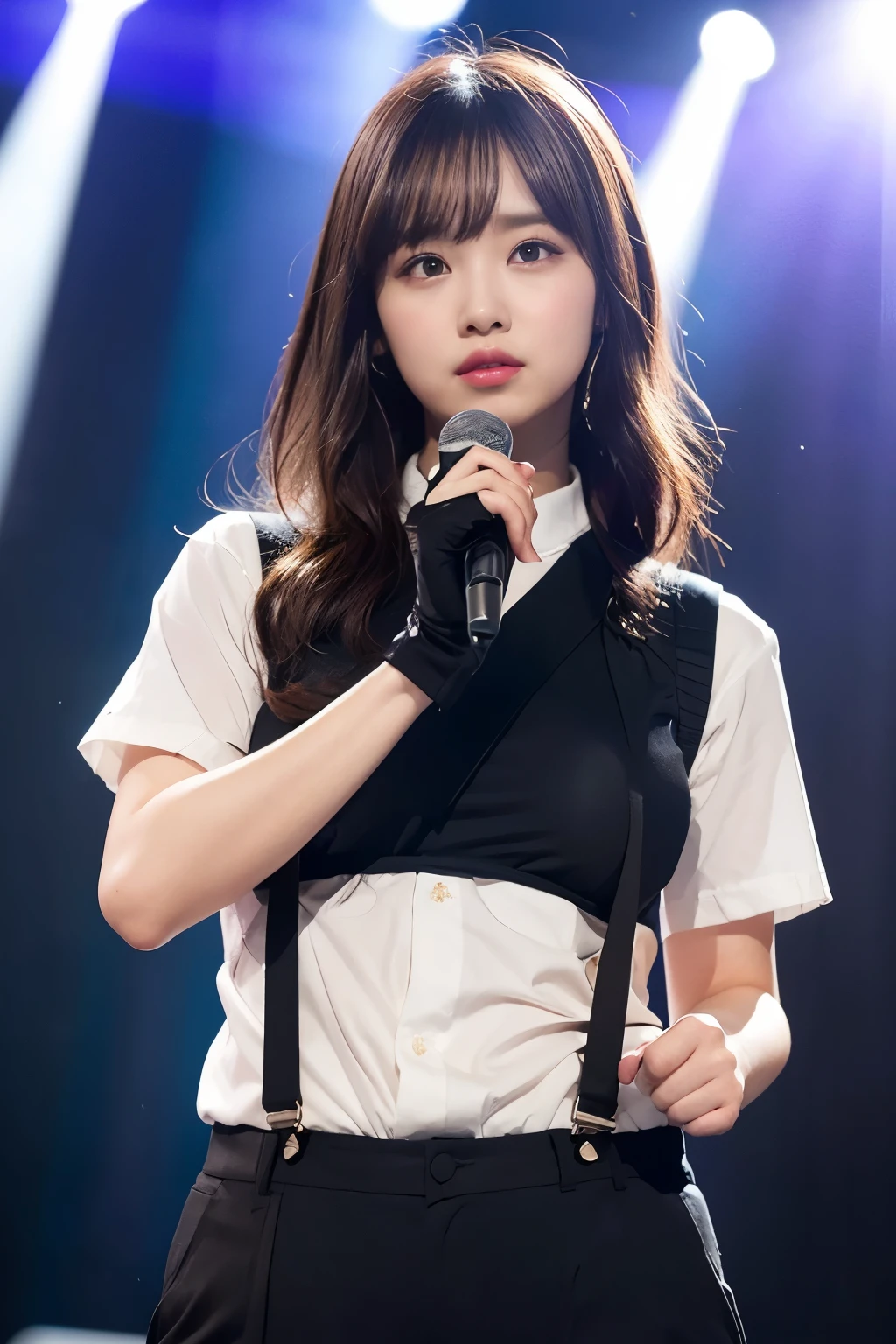 ​Masterpiece、flat color、depth of field、Lens Flare 1 Girl、、brown hair、looking at the audience　　　Black suspenders　　　plump big breasts　　　 　 腋下sweating　sweating　sides of hands　　wall: 　Black pants, black jacket chain　　　　　arms　gaze　　　small face　Eye-catching bangs　flank