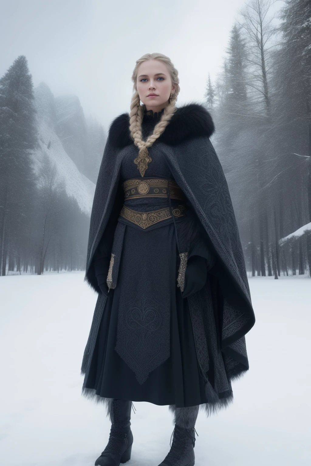 A fiercely proud Nordic girl stands before an enchanted backdrop, her presence exuding unwavering strength and serene grace. Her cascading blonde braids, adorned with delicate beads and intricate braiding patterns, frame a face marked by determination and resilience. Her piercing blue eyes, filled with the depth and wisdom of her homeland's icy landscapes, radiate a quiet confidence that captivates the viewer.
The intricate details of her Viking armor and fur-lined cloak shimmer in the ethereal glow of the whispering silent lighting, showcasing the craftsmanship and her warrior spirit. The rule of third