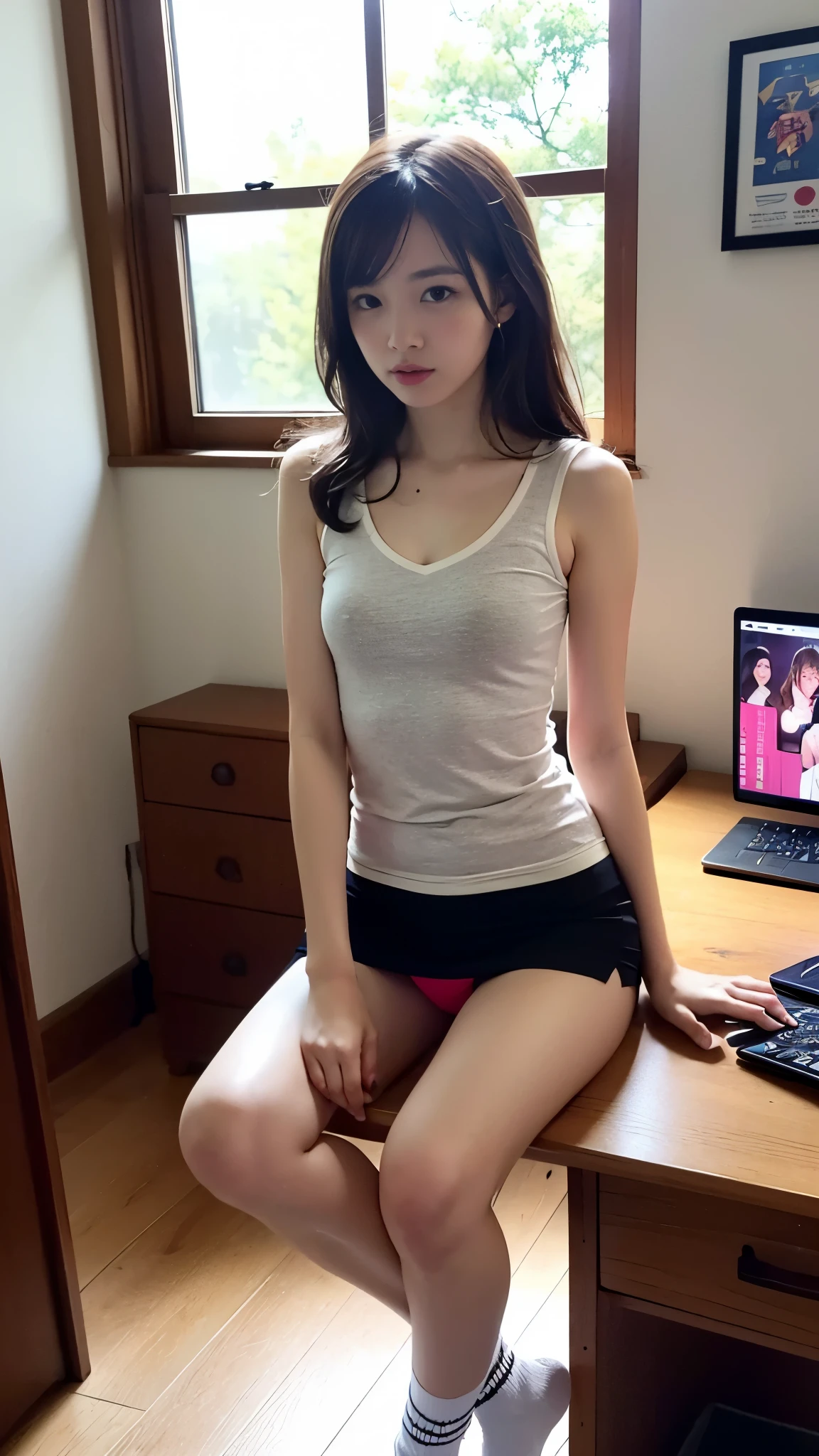 masterpiece, masterpiece_portrait, distinct, distinct_image, highres, high_resolution, high_quality, high_quality_anime, super_detail, hyper_detail, perfect_body, perfect_face, perfect_eyes, perfect_chest, perfect_nipples, perfect_hips, perfect_arms, perfect_hands, perfect_fingers, perfect_legs, perfect_feet, perfect_toe, perfect_anatomy, album_cover, girl_focus, dynamic_angle, otaku_room, 1other, 1girl, a_mixed_Eastern_blood, slave, small_face, very_long_hair, wavy_hair, messy_hair, long_eyelashes, female, girl, slender, glamorous, sagging_breasts, huge_breasts, slender_thighs, thin_thighs, slender_leg, socks, sleeveless t-shirt, micro_skirt, downpants, stretching, balancing, sitting, squatting, on_back, (drinking coke), tissues, computers, (sitting in a very small room: 1.4), stacked comic books, (Hurried hair: 1.3), (Wall with cartoon posters: 1.3), (Sleeveless with chest bone visible: 1.4), (desk with computer monitor: 1.3), (Single Bed: 1.3), (Wooden Window next to Single Bed), (Morning sunlight coming through the window: 1.3), (Sitting on a cozy single bed: 1.4), (Dark room with only window sunlight: 1.3), (Cozy room for cute girls: 1.4), (Archive European Tree Window: 1.4),