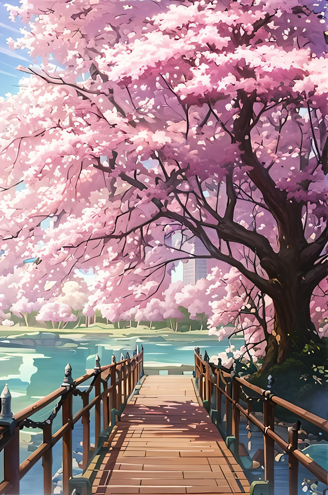 wood々A picture of a bridge with a lake in the background, landscape artwork, 大きな湖のほとりにあるピンクのwood, anime background art, Beautiful peace scene in anime, beautiful anime scenery, beautiful anime scene, anime background, Landscape art details, cherry blossom forest, anime scenery, anime scenery, nature of anime wallpap, nature of anime, background art, detailed painting 4k