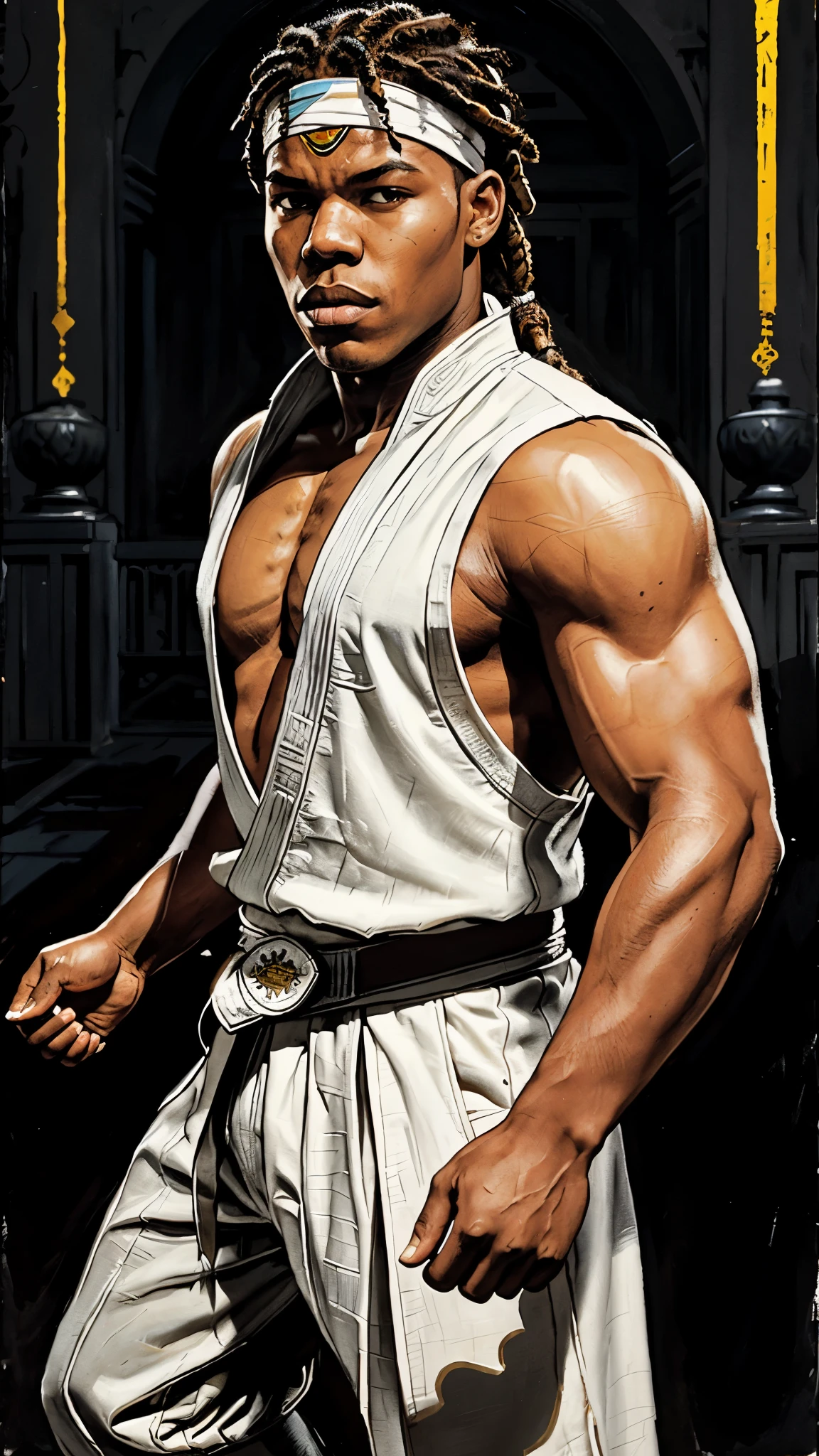 John Boyega as Kai from Mortal Kombat, muscular, short dreadlocks, white headband, wears white traditional martial arts outfit, his clothing feature the emblem of the White Lotus Society, in the monastery, 1man, solo, intricate, high detail, sharp focus, dramatic, photorealistic painting art by greg rutkowski