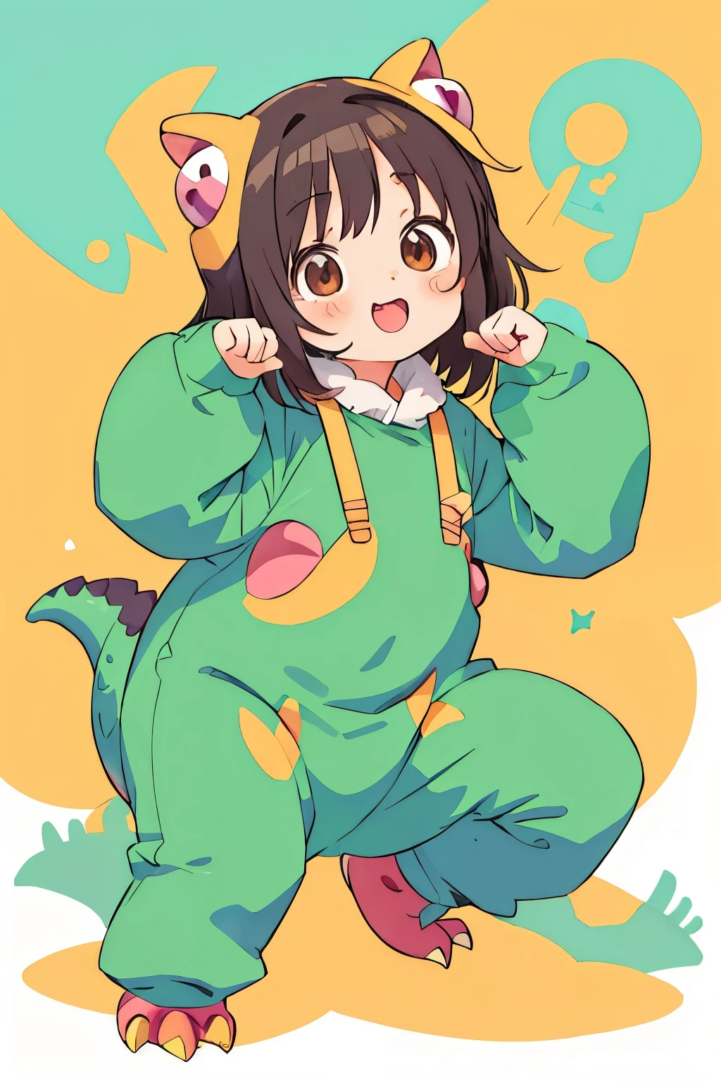 anime、A cute poses wearing a deformed dinosaur costume、Mai Yoneyama's style