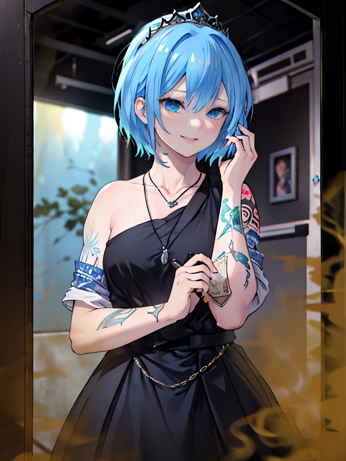 masterpiece, 最high quality, high quality, very detailed CG uniform 8k wallpaper, 1 girl, alone, blue hair, tattoo, short hair, have, jewelry, smile, necklace, looking at the audience, have, realistic, open your mouth, teeth, Upper body, vest, nose, bare shoulders, artist name, black tiara, clavicle, arm tattoo, blue eyes, lips, Blur, oil, award winning photography, Bokeh, Depth of the bounds written, HDR, bloom, chromatic aberration, realism, very detailed, art station, high detail, dramatic, mid-journey art