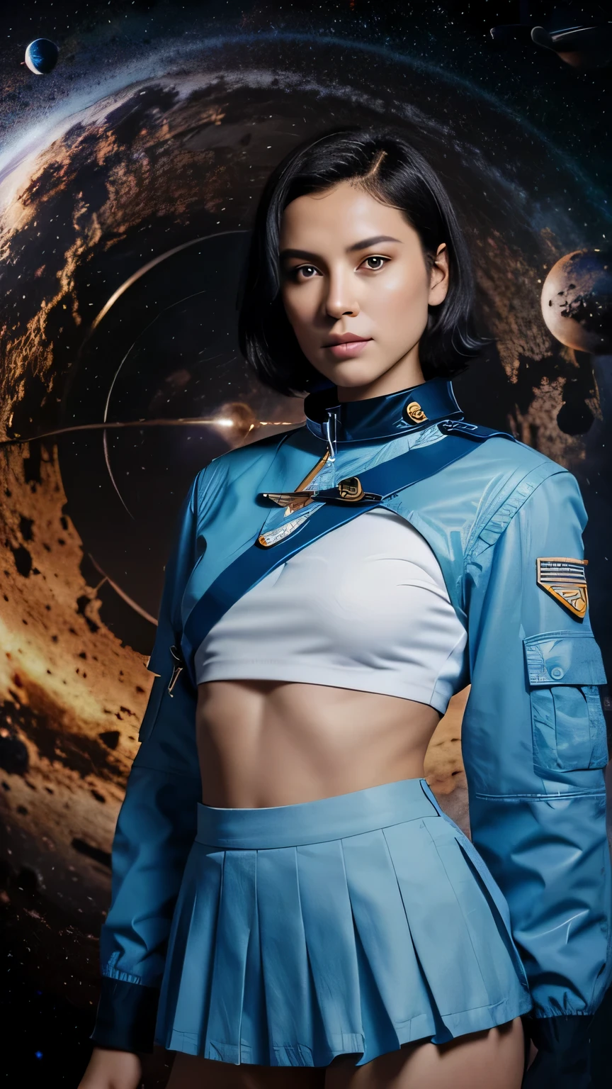 (highest resolution, clear_image), highest quality, masterpiece, very detailed, semi-realistic, woman with shoulder-length black hair, black eye, mature, mature woman, emperor&#39;Sister of, sexy, short hair, triple bang, light blue uniform, light blue uniform jacket, soldier, light blue pleated skirt, uniform, front line of fighter jets, future, SF, (((space background))), 