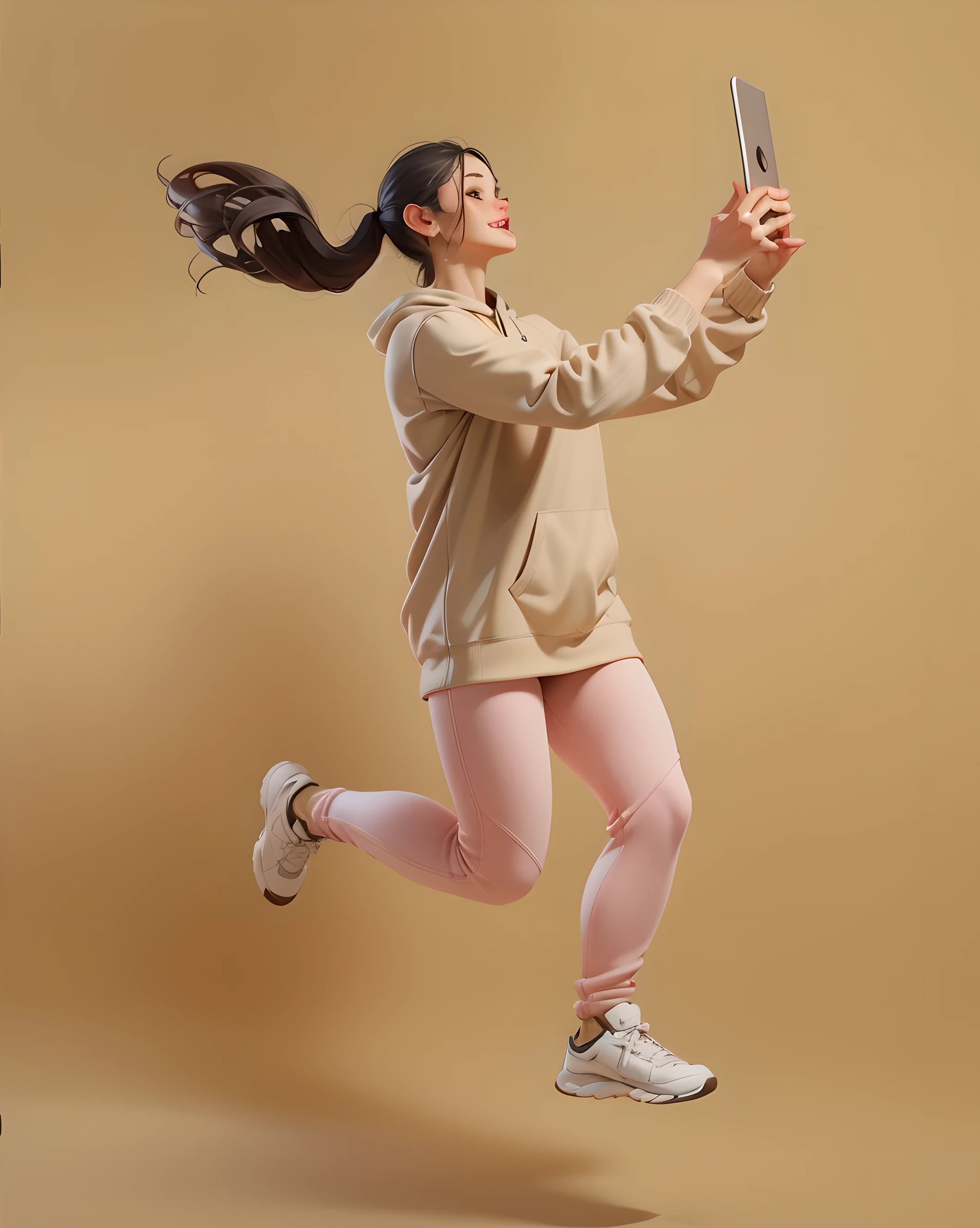 araffe woman in a tan outfit is jumping and holding a cell phone, full body action pose, in an action pose, full body with dynamic pose, jump pose, beige hoodie, leaping towards viewer, distorted pose, full body photogenic shot, action pose, running pose, confident action pose, jumping towards viewer, full body potrait holding bottle