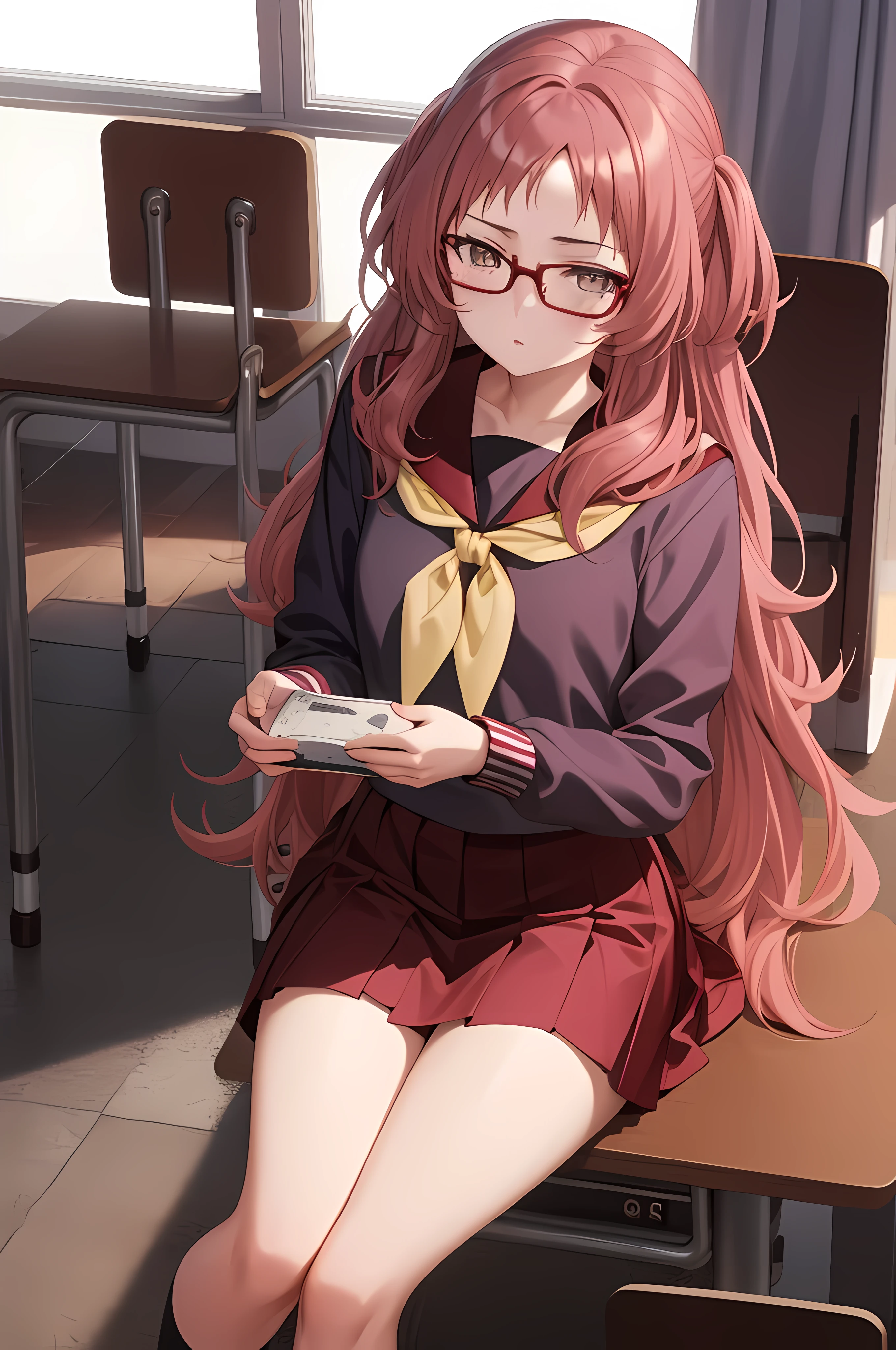 1girl, (masterpiece:1.3), (high resolution), (8K), (extremely detailed), (4k), (pixiv), perfect face, nice eyes and face, (best quality), (super detailed), detailed face and eyes, (solo), textured skin, absurdres, highres, miewz, glasses, long hair, serafuku, sailor collar,yellow neckerchief, white shirt, purple eyes, school uniform, red skirt, red hair,  long sleeves, sitting, looking at viewer, indoors, classroom, chair