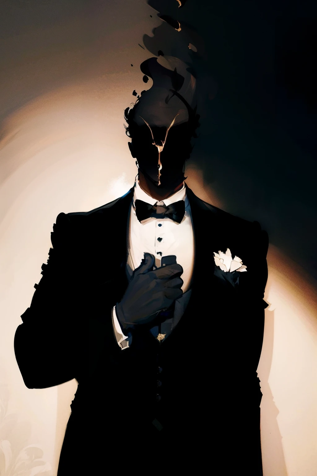 1man, masterpiece,strange head, shadow, face silhouette, shadowed face, head hidden by shadow, dark room, dark, formal clothes,elegant suit, vibrant shirt, high details, gorgeous, 4k,, no humans, cinematic, dramatic,contrast, flower background,