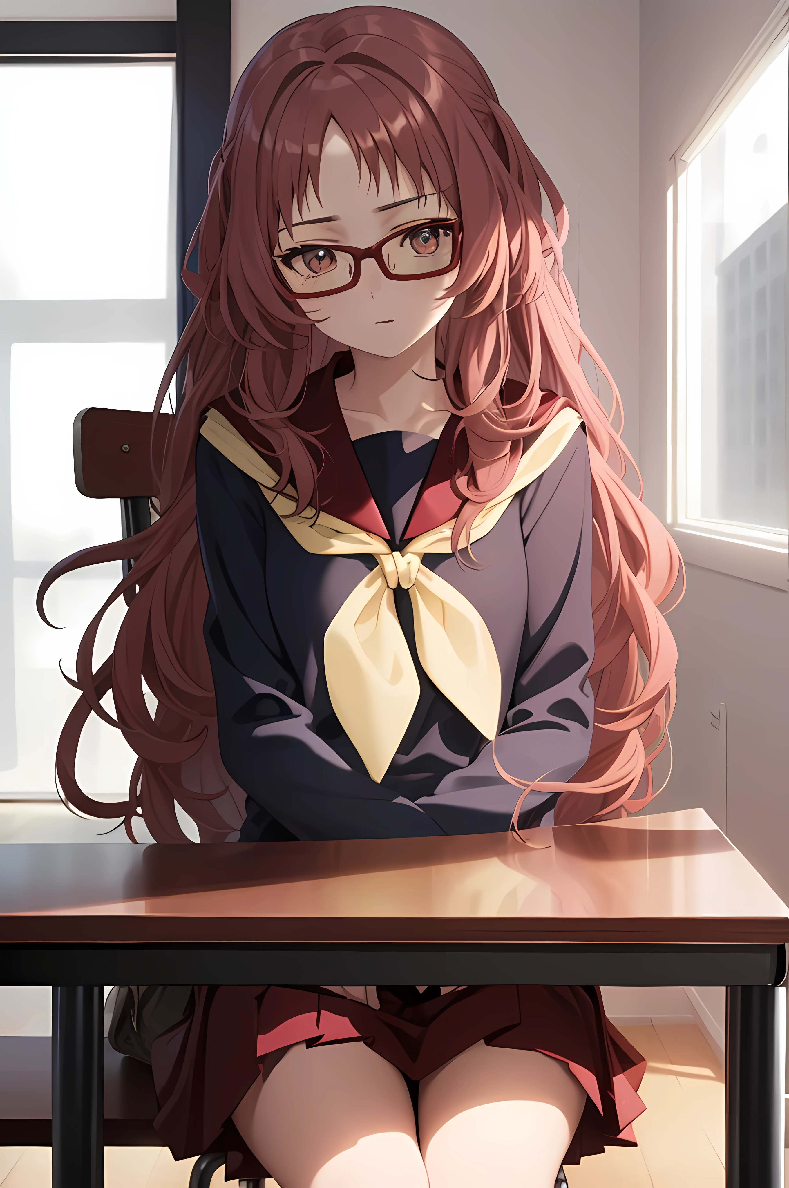 1girl, (masterpiece:1.3), (high resolution), (8K), (extremely detailed), (4k), (pixiv), perfect face, nice eyes and face, (best quality), (super detailed), detailed face and eyes, (solo), textured skin, absurdres, highres, miewz, glasses, long hair, serafuku, sailor collar,yellow neckerchief, white shirt, purple eyes, school uniform, red skirt, red hair,  long sleeves, sitting, looking at viewer, indoors, classroom, chair