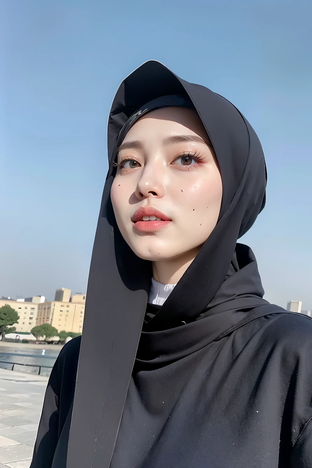 Two girls wear hijab collor black, ((Best quality, 8k, Masterpiece :1.37)), (duo girls wear hijab collor black), multiple people two girls, duo girls wear hijab collor black, (taking pictures from face), style model, (girls wearing hijab moslem), beautiful face, face bukkake, 18 years old girls, ultra detailed face, ultra detailed body, slim body, lips smile, Beautiful detailed eyes, eyes korean, detailed nose, Natural Lip, ((Lips Smile)), face smile, Wear hijab moslem, fancy jubba thobbe, (Undressing nude body), big breasts, sexy body, view of the blue sky, Slim Body, realistic face