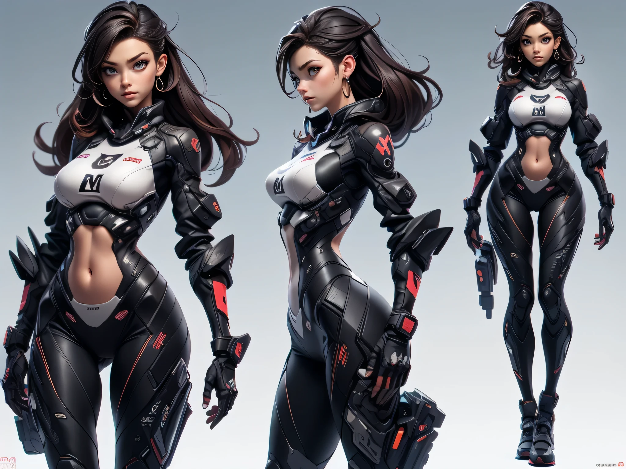 Multicolor hair with blue eyes, ((masterpiece)),(((best quality))),((character design sheet)), photorealistic, realistic,1woman,underboob, (graffiti:1.5), colorful suit, female, ((tech wear)) , ((detailed face:1.1)),  8k,16k, (simple background, light background: 1.3), cyberpunk, stockings, thigh-highs ,highly detailed, (((asymmetric bodysuit))), futuristic armor, showing belly and cleavage