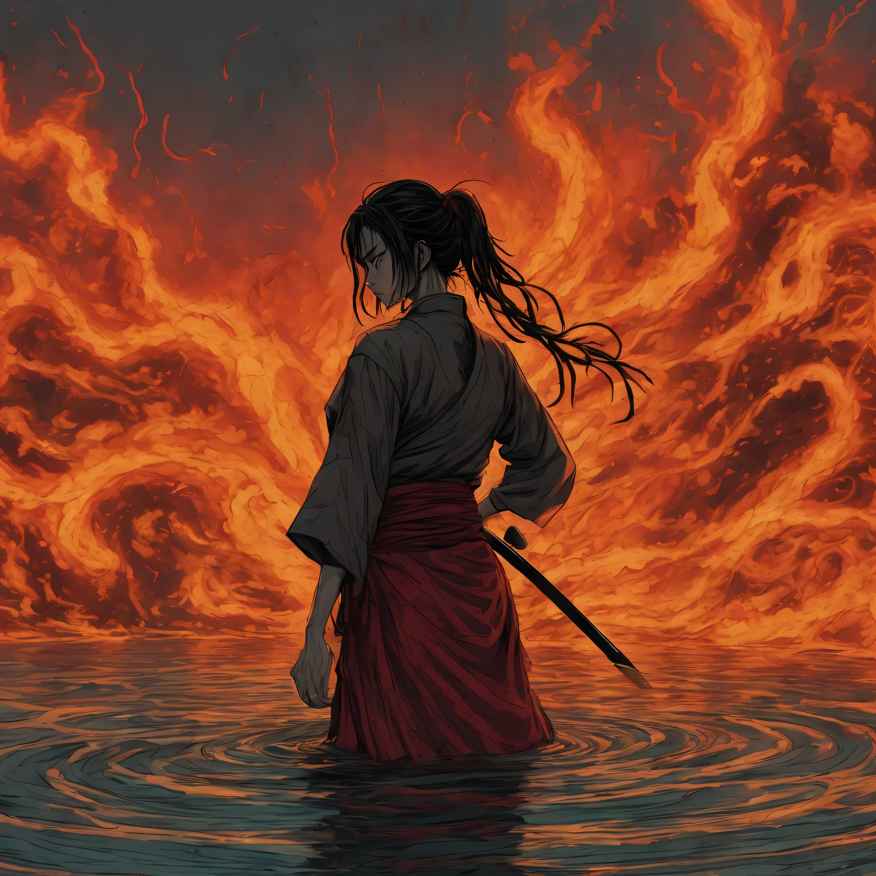 wordless, rotoscope hyperrealism animated cel hand painted rich color grading depth shading, splash page decompressed comic, ilustration, on fire red hot Samurai (chisa katana) (Takashi Okazaki blended Gonzo kk art style), samurai screaming, furious, glowing on fire blank eyes, fire emiting from eyes open mouth, sitting on edge of bridge, gloom, despair, rain, downpour, looking at water ripples from rain on water flowing below bridge, mastercraft nuance, subtle deft detail, seamless, cohesion, spirit photography, cursed, creepypasta, surreal, abstract, unknown, strange, odd, weird, intense, harsh, too real, subliminal candle cove aesthetics, unsettling, overwhelming dread, phobia, severe, subtle minimal roygbiv technicolor in the water reflection ripples shimmering like golden ratio ambrosia

