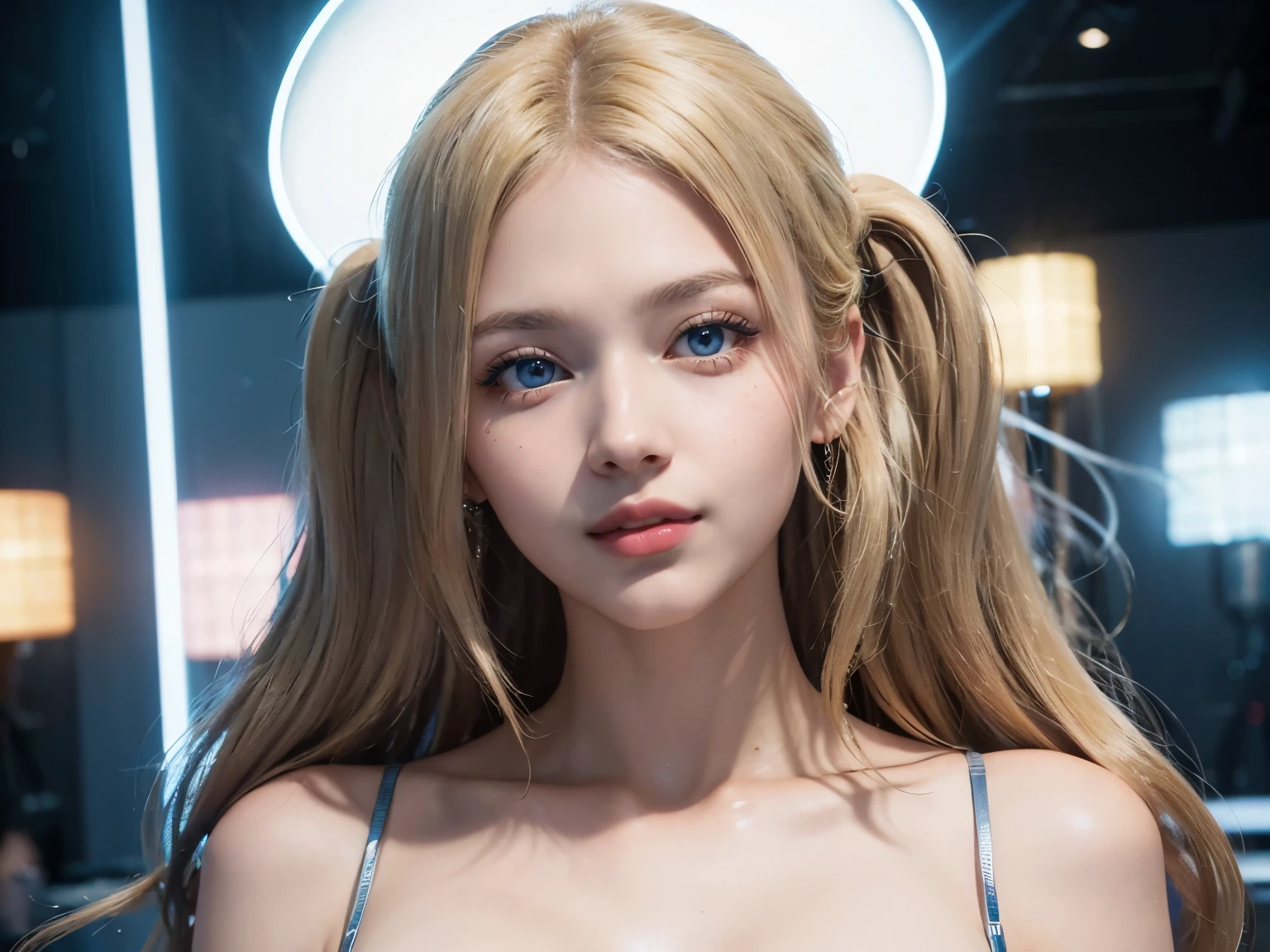 1girl, Blue eyes, (smile), (Sana Minatozaki), (close-up at face :1.4), (wide hips), (Big tits), (big ass), (Best Quality, 8k, Masterpiece: 1.3), perfect hands, Clear Focus: 1.2, Perfect Body Beauty: 1.4, Highly detailed face and skin texture, detailed eyes, double eyelids, (blonde long hair), (glamorous party dress :1.2), standing, posing for a photo, (in a large room illuminated with colored lights :1.3)