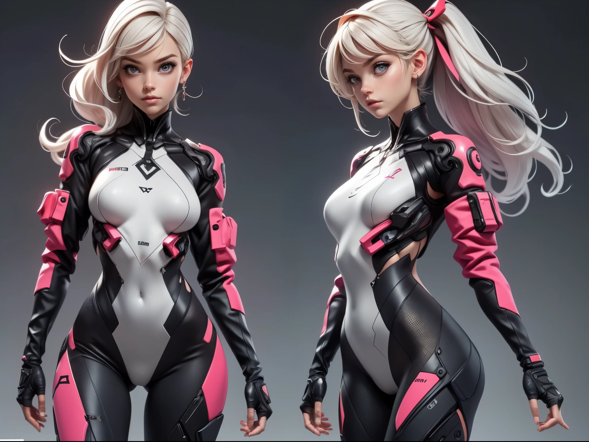 White hair with blue eyes, ((masterpiece)),(((best quality))),((character design sheet)), photorealistic, realistic,1woman,underboob, (graffiti:1.5), pink, purple, blue, colorful suit, female, ((tech wear)) , ((detailed face:1.1)), 8k,16k, (simple background, light background: 1.3), cyberpunk, stockings, thigh-highs ,highly detailed, (((asymmetric bodysuit))), futuristic, robotic