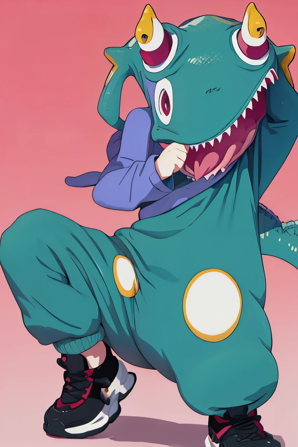 anime、A cute poses wearing a deformed dinosaur costume、Mai Yoneyama's style