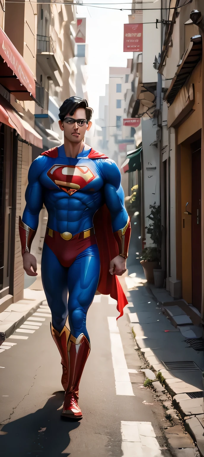 8k a full body image of a superhero based on superman, con ropa similar, a red cape and a drawing of a funnel instead of the letter on the chest, pero con una apariencia fisica opuesta a superman, calvo, Sin pelo, con gafas, non-muscular kinematic, ultrarrealista, detalles intrincados