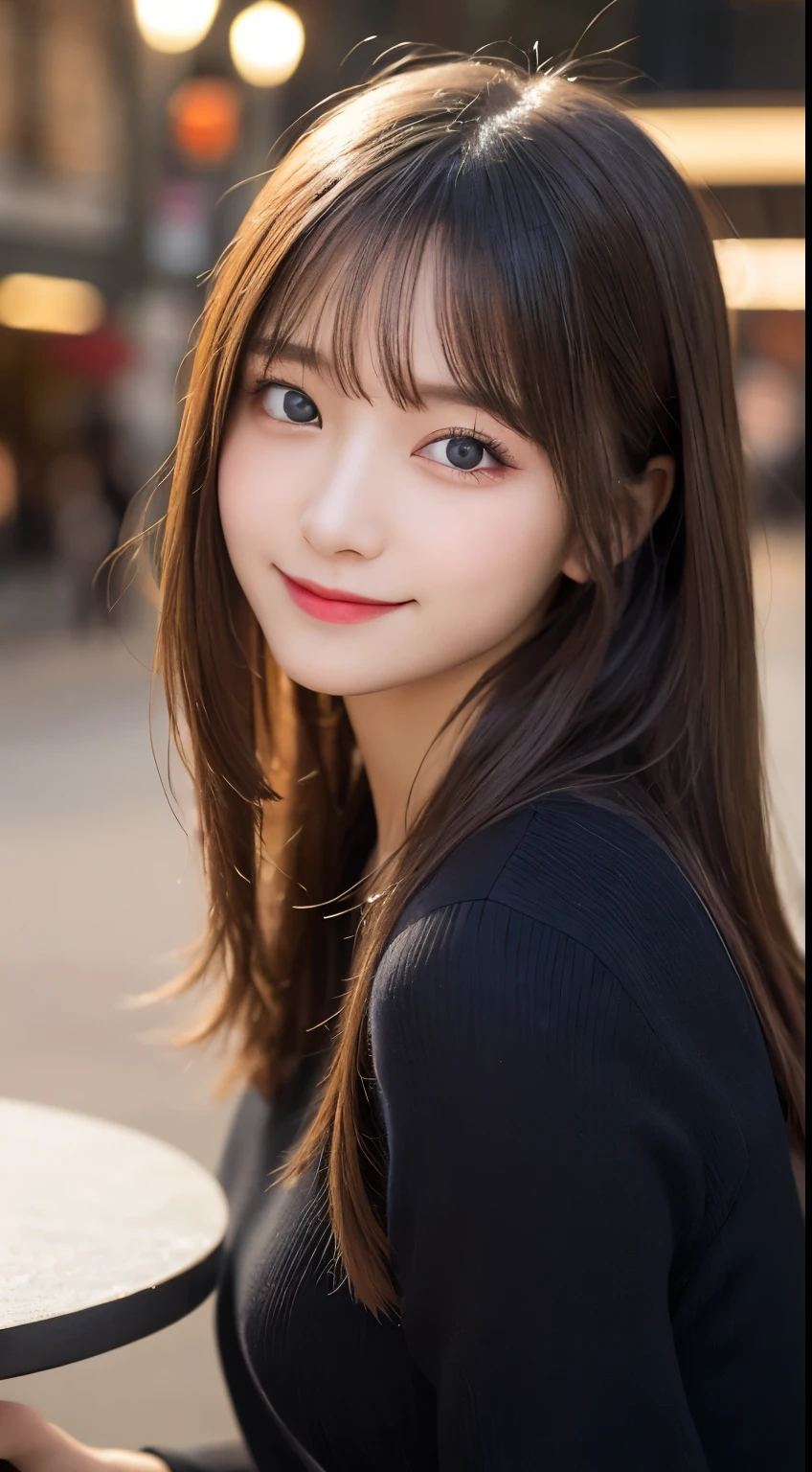 table top, highest quality, shape, Super detailed, finely, High resolution, 8k wallpaper, 完璧なダイナミックな構shape, beautiful and detailed eyes, winter dress,medium hair, small breasts, natural color lip, random sexy pose,smile,big city、20 year old girl、midnight、beautiful and detailed face、perfect and beautiful face,Big eyes