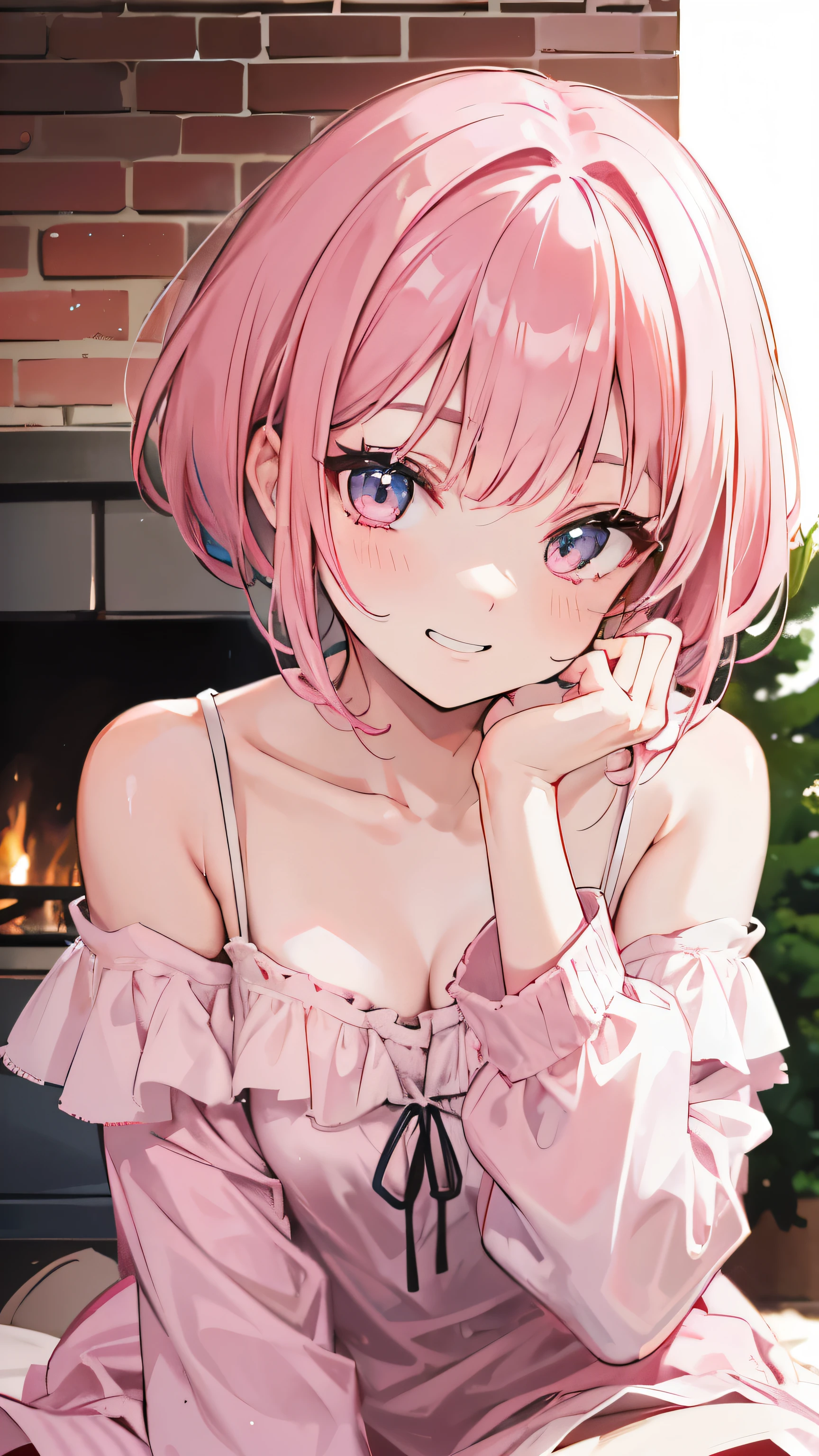 extreme close up, pink and white off shoulder short hair,Rin々nice and lovely girl, near the fireplace, grin and laugh