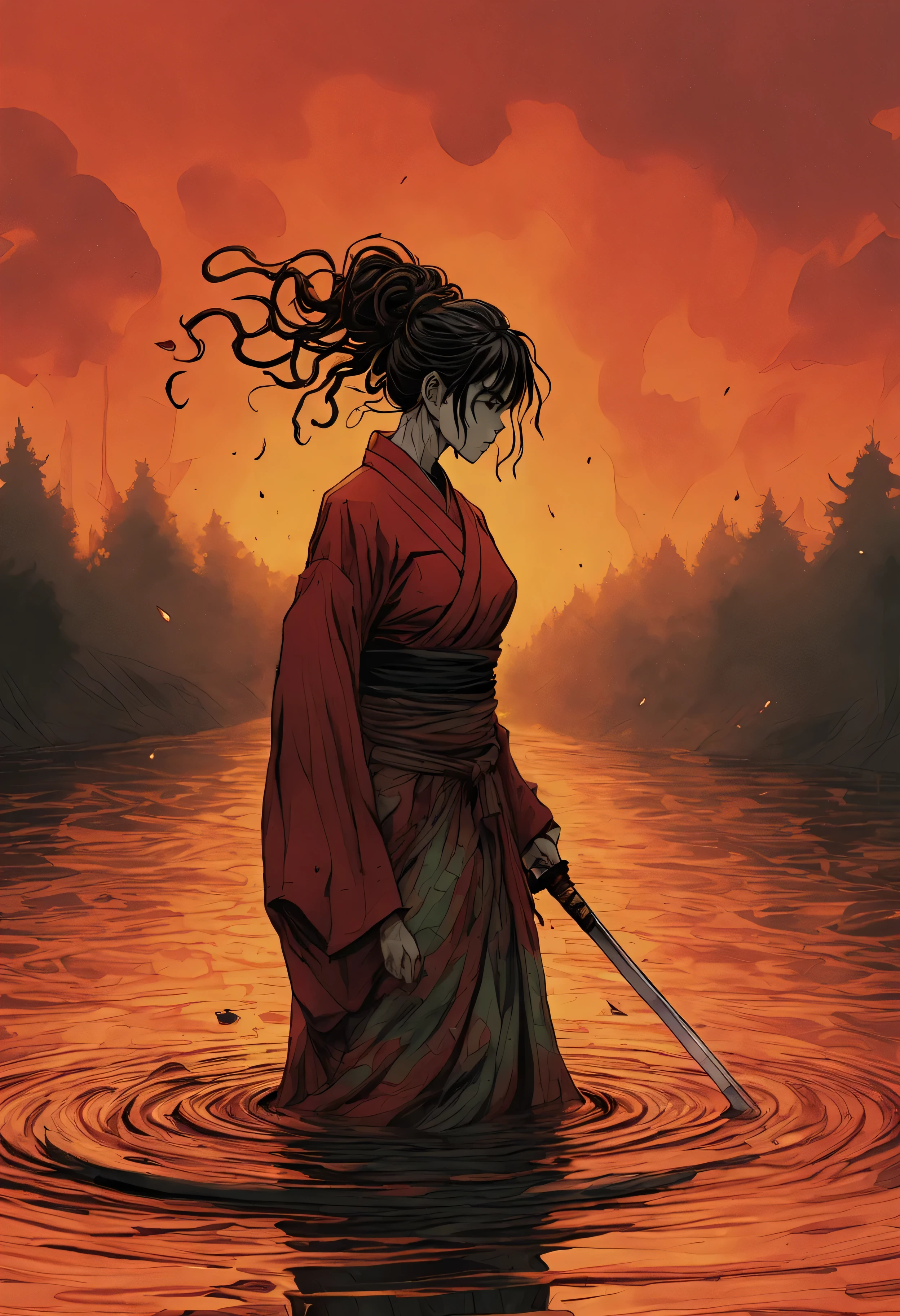 wordless, rotoscope hyperrealism animated cel hand painted rich color grading depth shading, splash page decompressed comic, ilustration, on fire red hot Samurai (grasping wielding chisa katana) (Takashi Okazaki blended Gonzo kk art style), samurai screaming, furious, glowing on fire blank eyes, fire emiting from eyes open mouth, sitting on edge of bridge, gloom, despair, rain, downpour, looking at water ripples from rain on water flowing below bridge, mastercraft nuance, subtle deft detail, seamless, cohesion, spirit photography, cursed, creepypasta, surreal, abstract, unknown, strange, odd, weird, intense, harsh, too real, subliminal candle cove aesthetics, unsettling, overwhelming dread, phobia, severe, subtle minimal roygbiv technicolor in the water reflection ripples shimmering like golden ratio ambrosia

