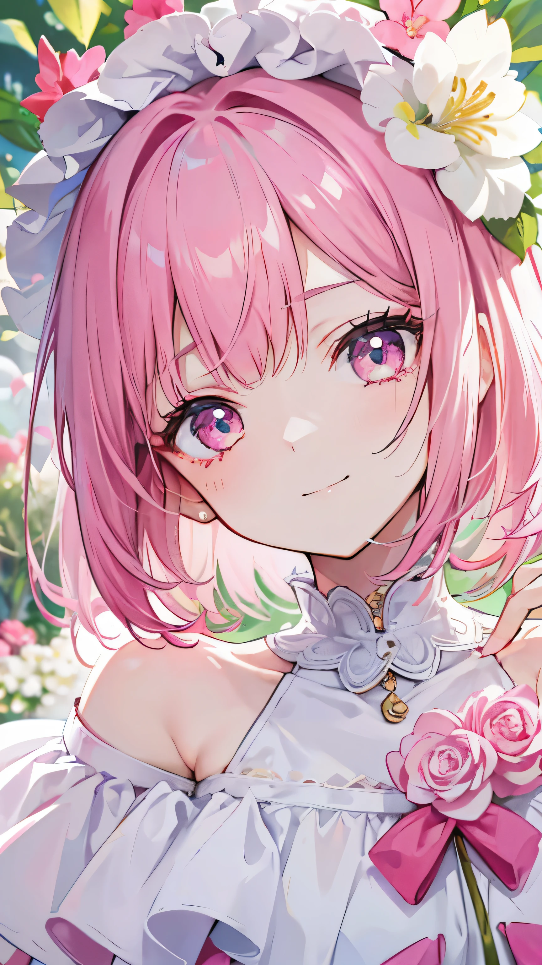 extreme close up, pink and white off shoulder short hair,Rin々nice and lovely girl, in the flower field, grin and laugh
