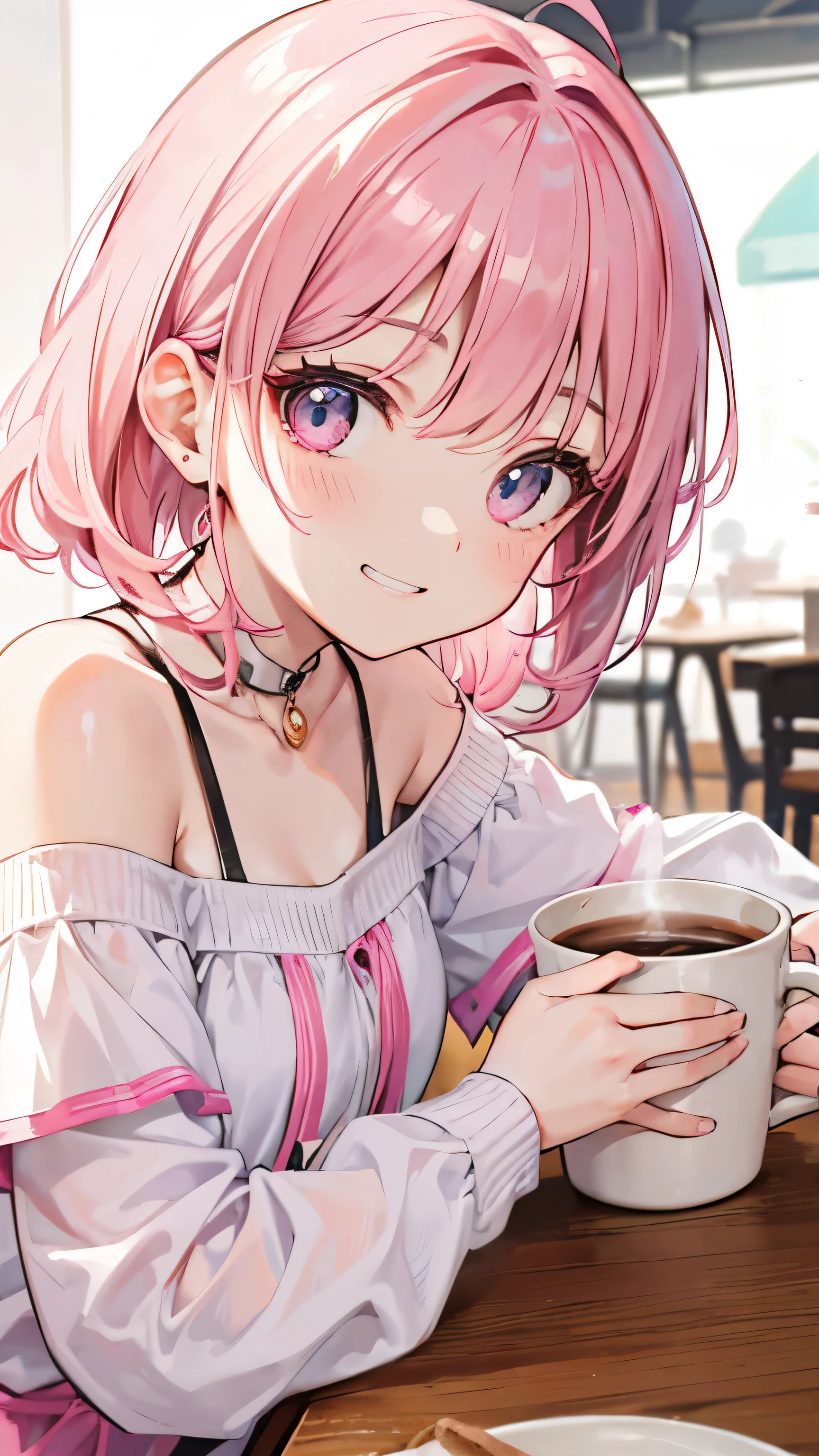 extreme close up, pink and white off shoulder short hair,Rin々nice and lovely girl, at the cafe, grin and laugh, Coffee included
