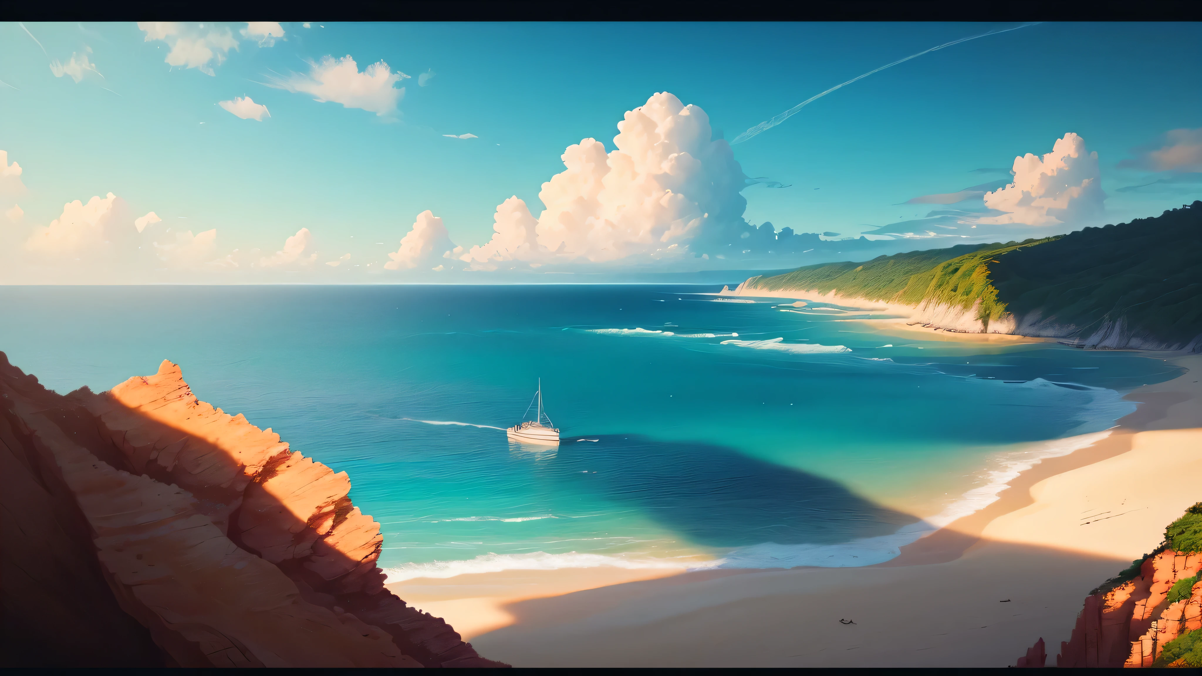 The left side of the screen is the sea,The right side is pure scenery,Characters are not displayed+1.5, Quiet and idyllic,HD details、Super detailed and beautiful presentation,Soft background light,Deep focus and bokeh effects,Ray tracing, low angle, top quality, masterpiece, cloud, colorful, beach, sea view,