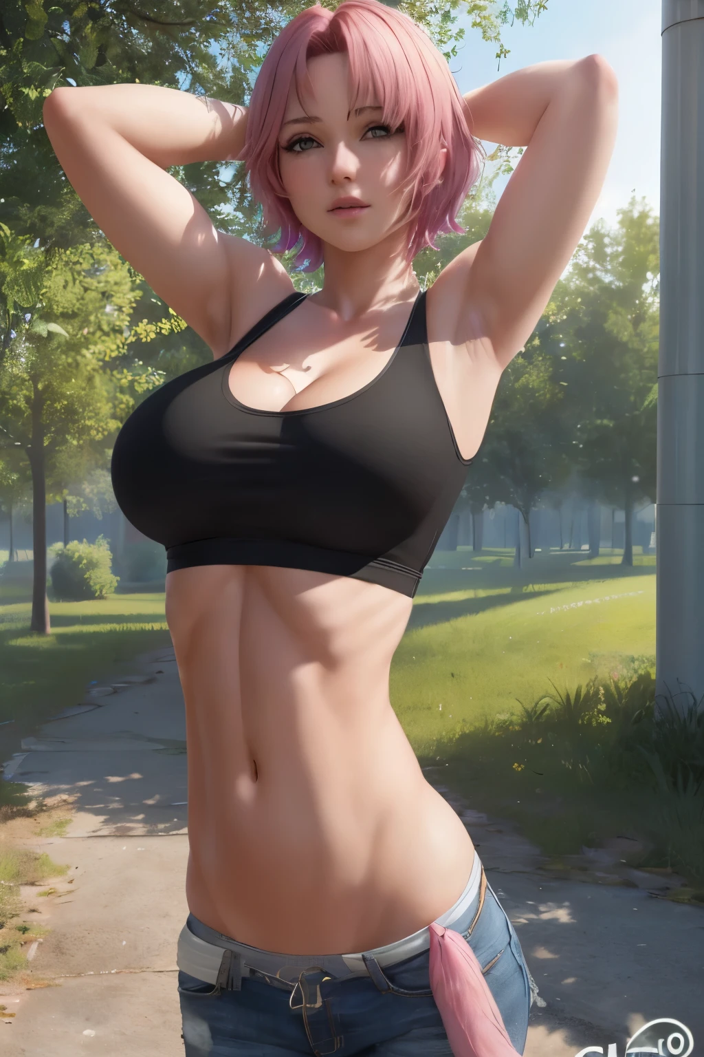 (ultra realistic, highly detailed:1.4), best quality, masterpiece girl, sfw massive breasts, tank top, cleavage, short pink hair, ((longtorso, ltso):1.3), tall