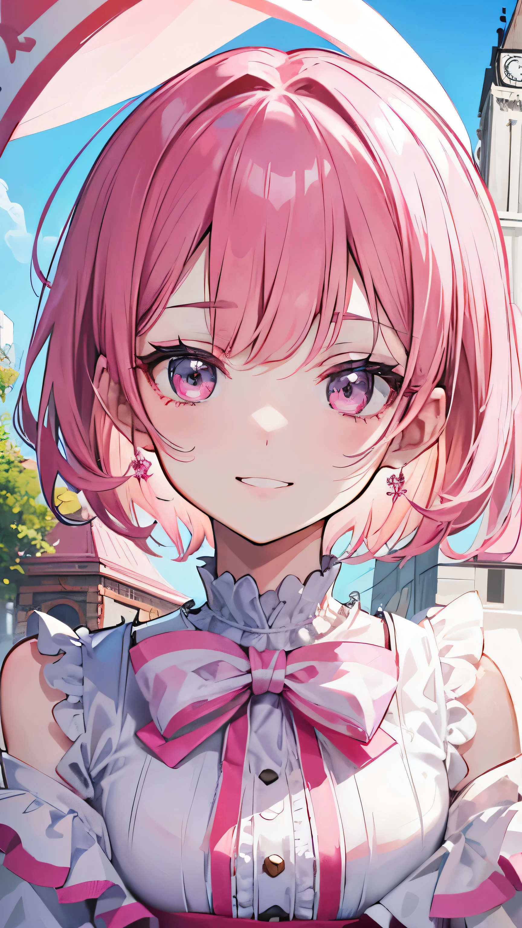 extreme close up, pink and white off shoulder short hair,Rin々nice and lovely girl, near the clock tower, grin and laugh