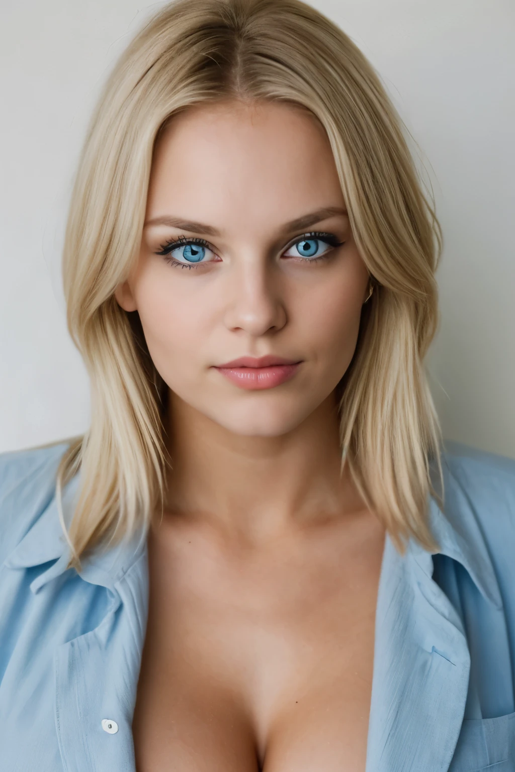 super cute blonde woman in a dark theme light blue eyes